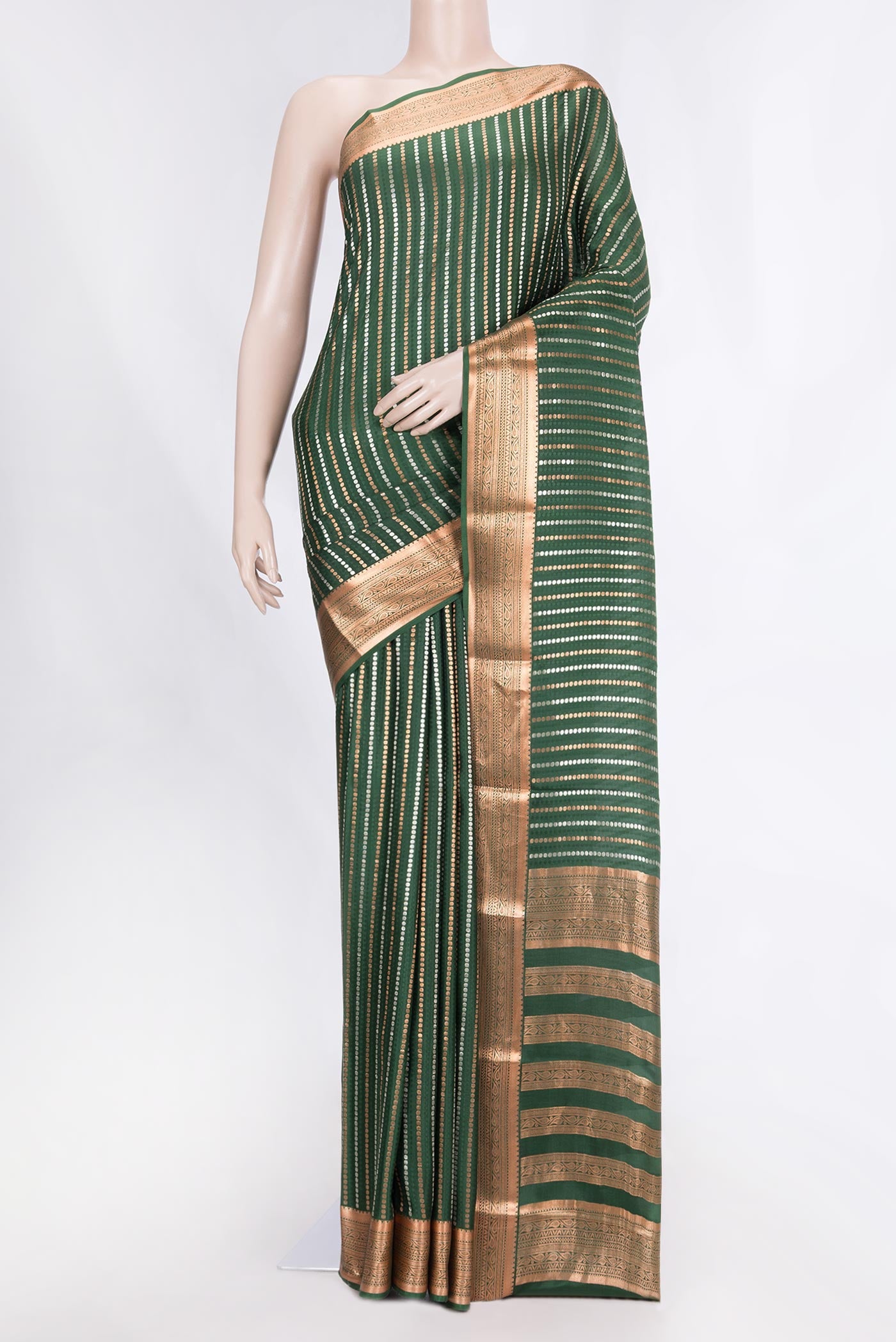 Bottle Green Dual Tone Mysore Crepe Saree with Stripes on the body and Zari Border displayed on a mannequin
