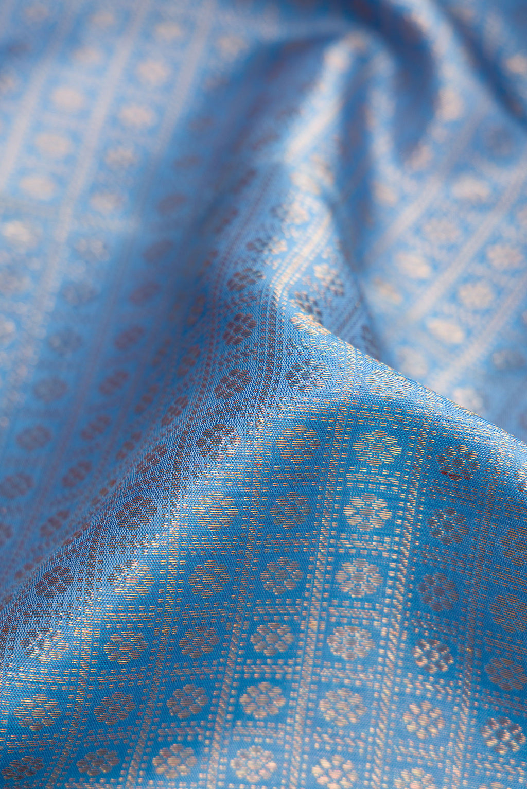Close up of Light Blue Dual Tone Kanchipuram Silk Saree with Zari Brocade on the body and Zari Border.  displaying folds