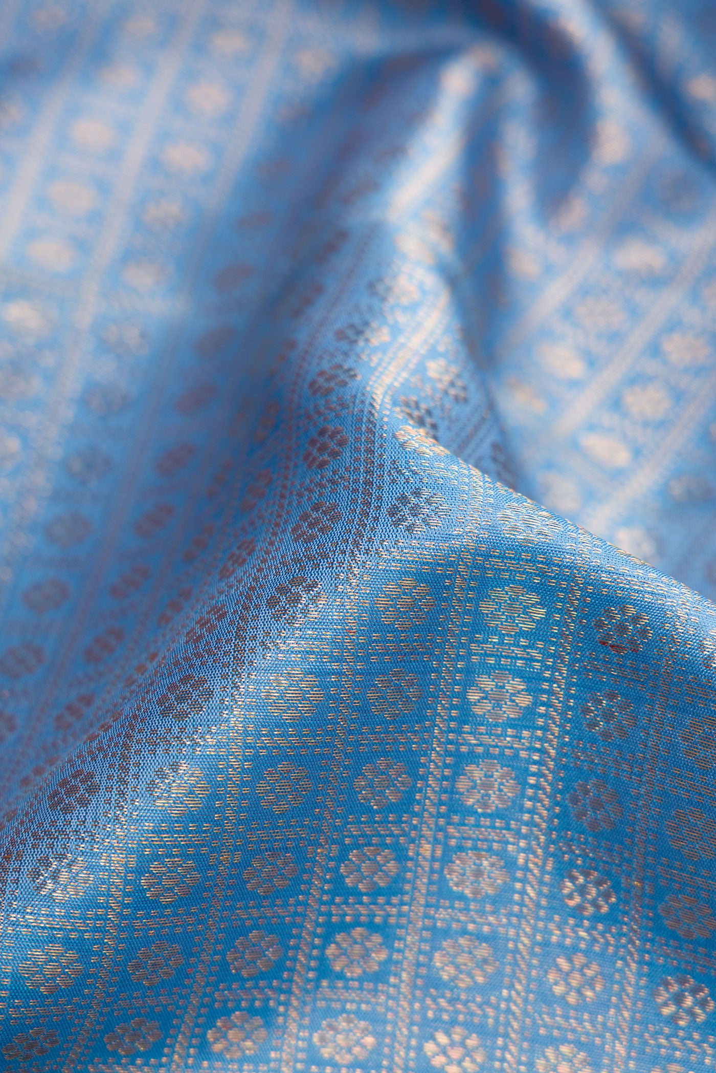 Close up of Light Blue Dual Tone Kanchipuram Silk Saree with Zari Brocade on the body and Zari Border.  displaying folds