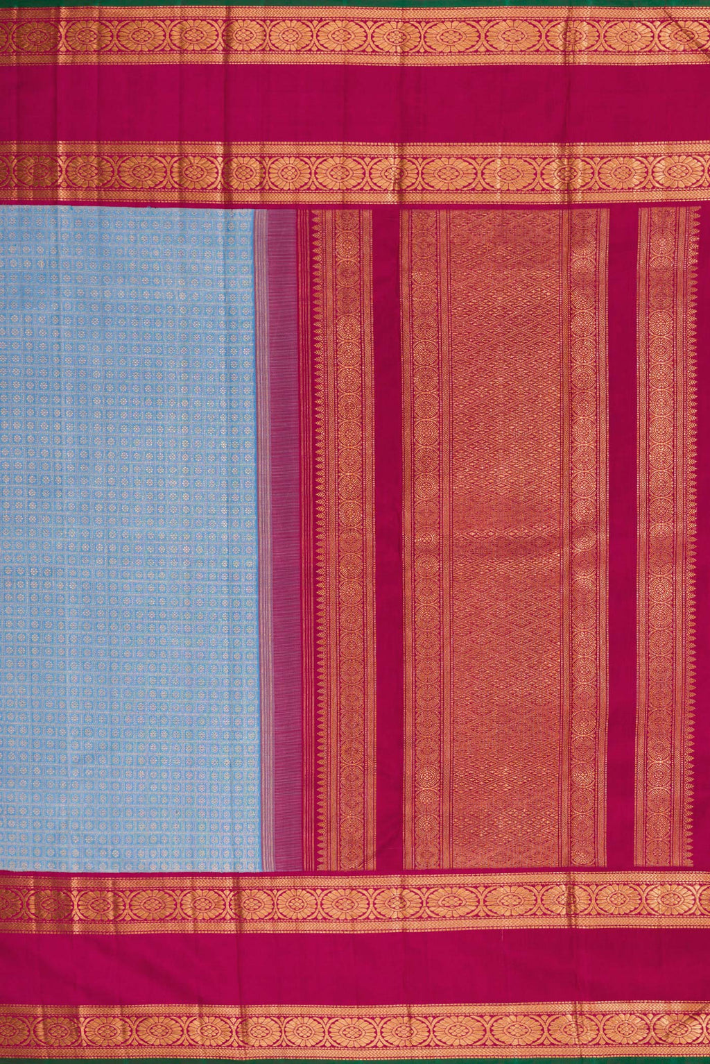 Close up image of the pallu of Light Blue Dual Tone Kanchipuram Silk Saree with Zari Brocade on the body and Zari Border. 