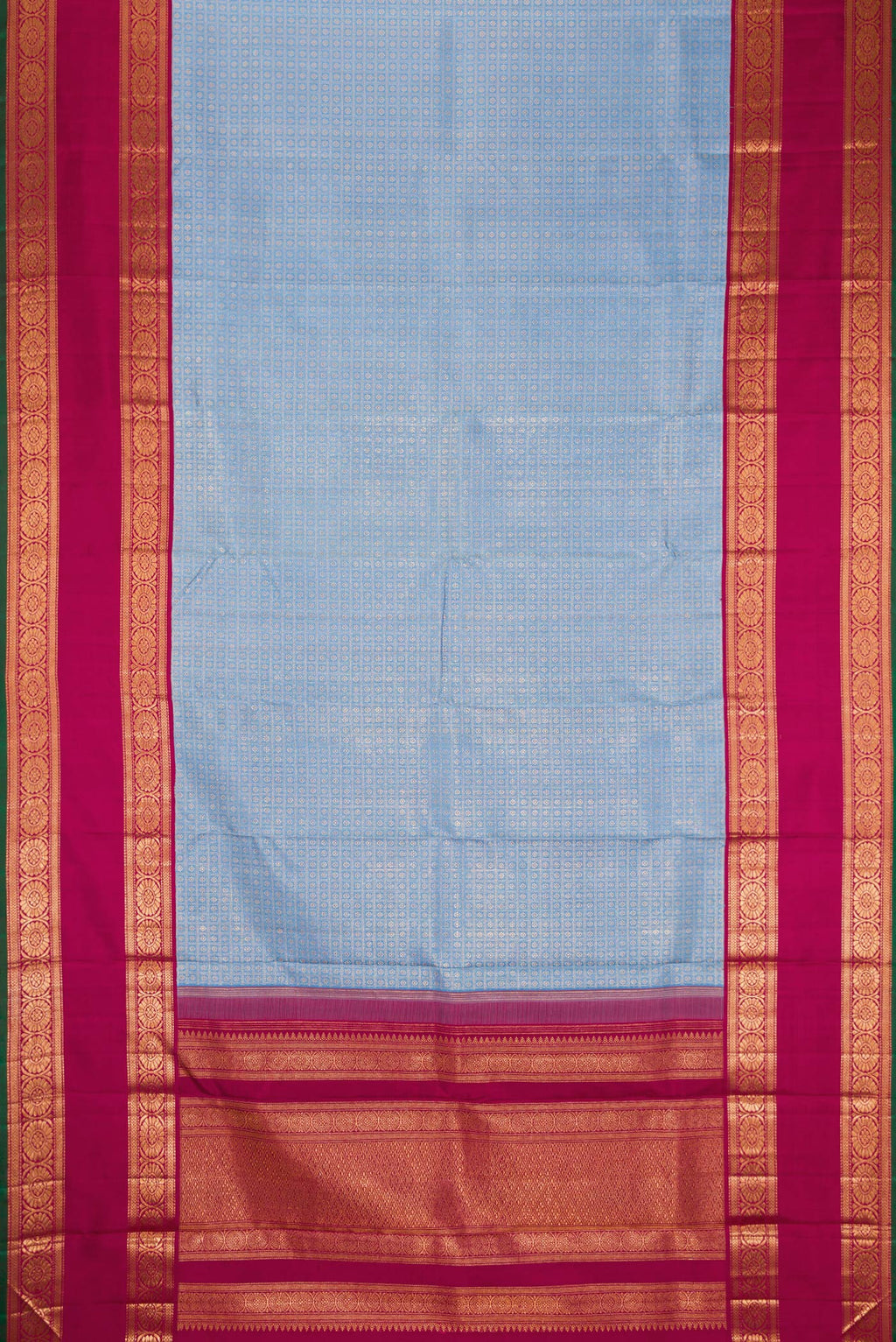 Flat view of Light Blue Dual Tone Kanchipuram Silk Saree with Zari Brocade on the body and Zari Border. 