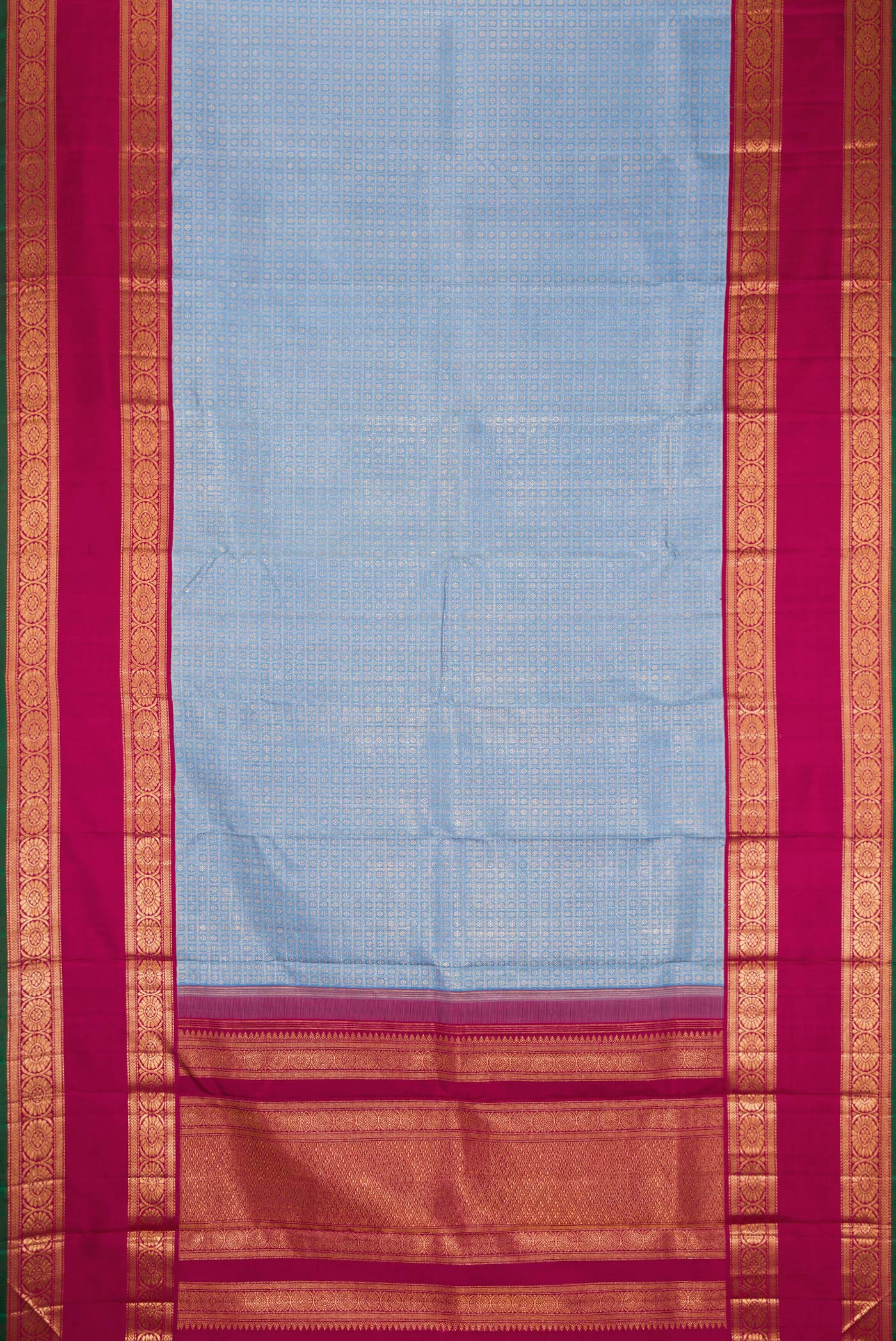Flat view of Light Blue Dual Tone Kanchipuram Silk Saree with Zari Brocade on the body and Zari Border. 