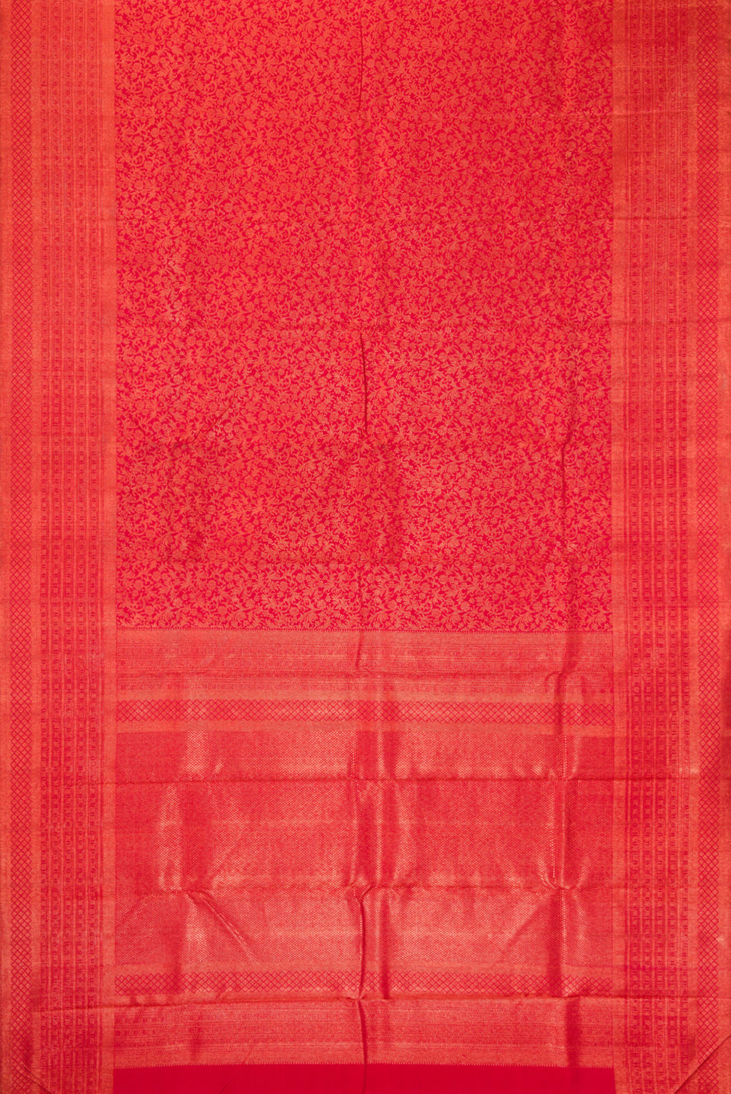 Flat view of Red Dual Tone Kanjivaram Silk Saree with Zari Brocade on the body and Zari Border. 