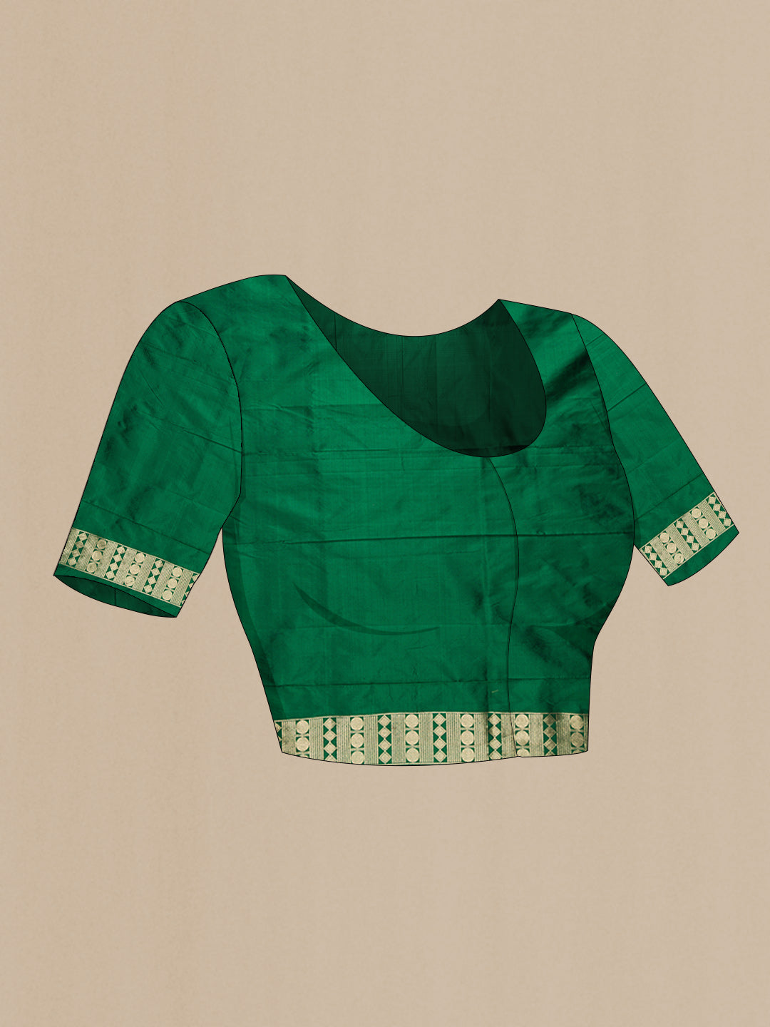 Close up image of the blouse of Bottle Green Dual Tone Banarasi Silk Saree with Zari Brocade on the body and Zari Border. 