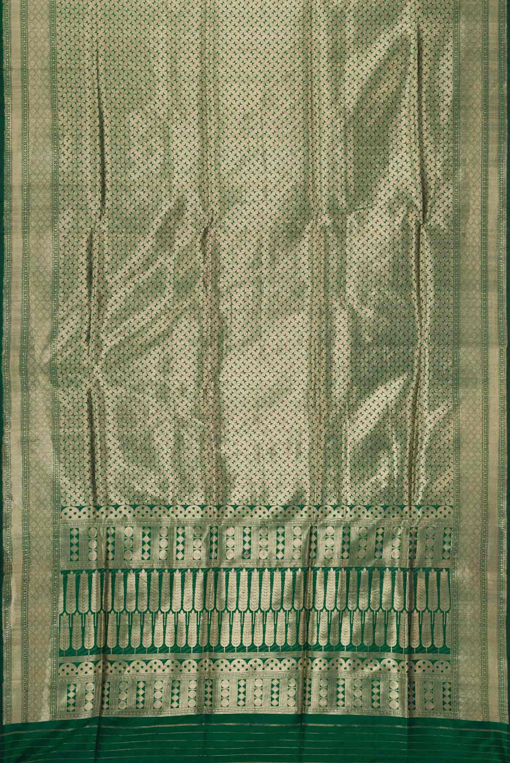 Flat view of Bottle Green Dual Tone Banarasi Silk Saree with Zari Brocade on the body and Zari Border. 