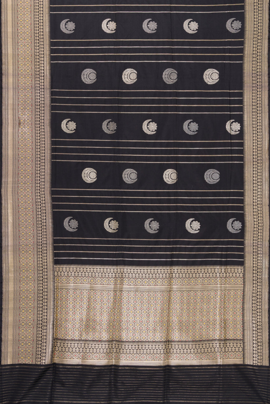 Flat view of Black Dual Tone Banarasi Silk Saree with Zari Butta on the body and Zari Border. 