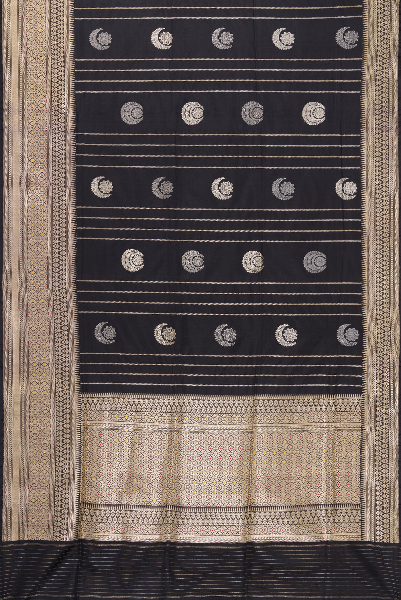 Flat view of Black Dual Tone Banarasi Silk Saree with Zari Butta on the body and Zari Border. 