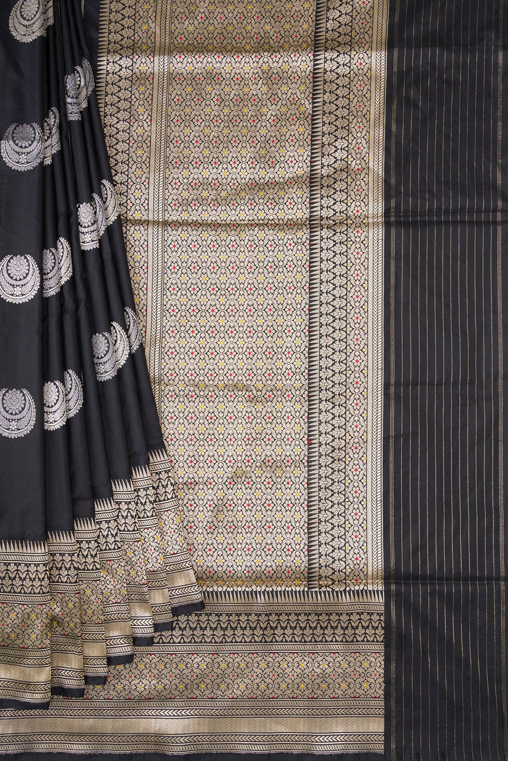Pleats and pallu of Black Dual Tone Banarasi Silk Saree with Zari Butta on the body and Zari Border. 