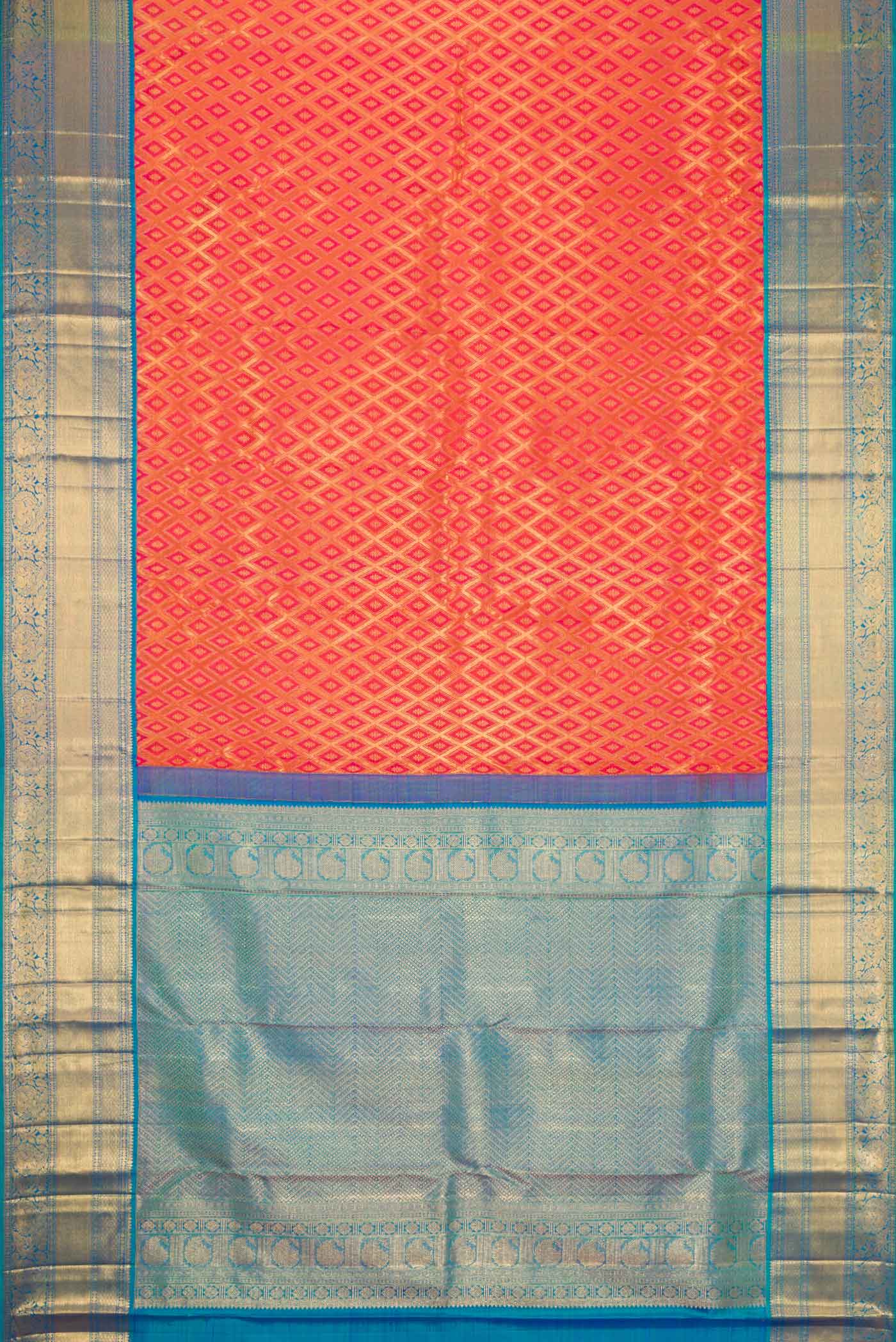 Flat view of Brick Orange Dual Tone Kanchipuram Silk Saree with Zari Brocade on the body and Zari Border