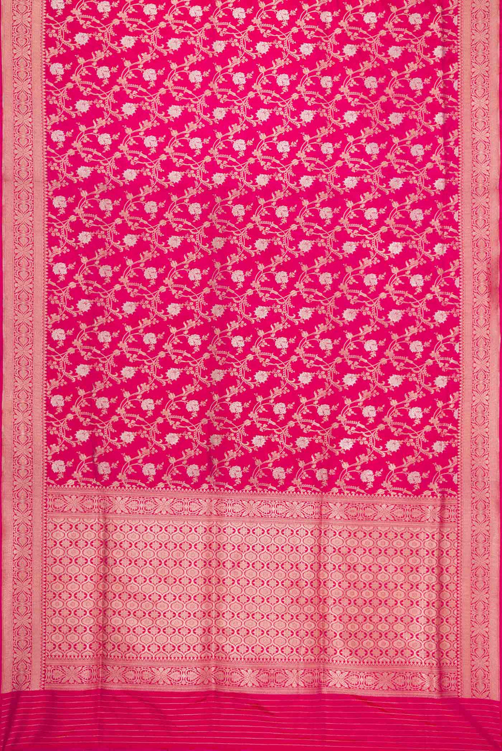 Flat view of Pink Dual Tone Banarasi Silk Saree with Zari Brocade on the body and Zari Border. 