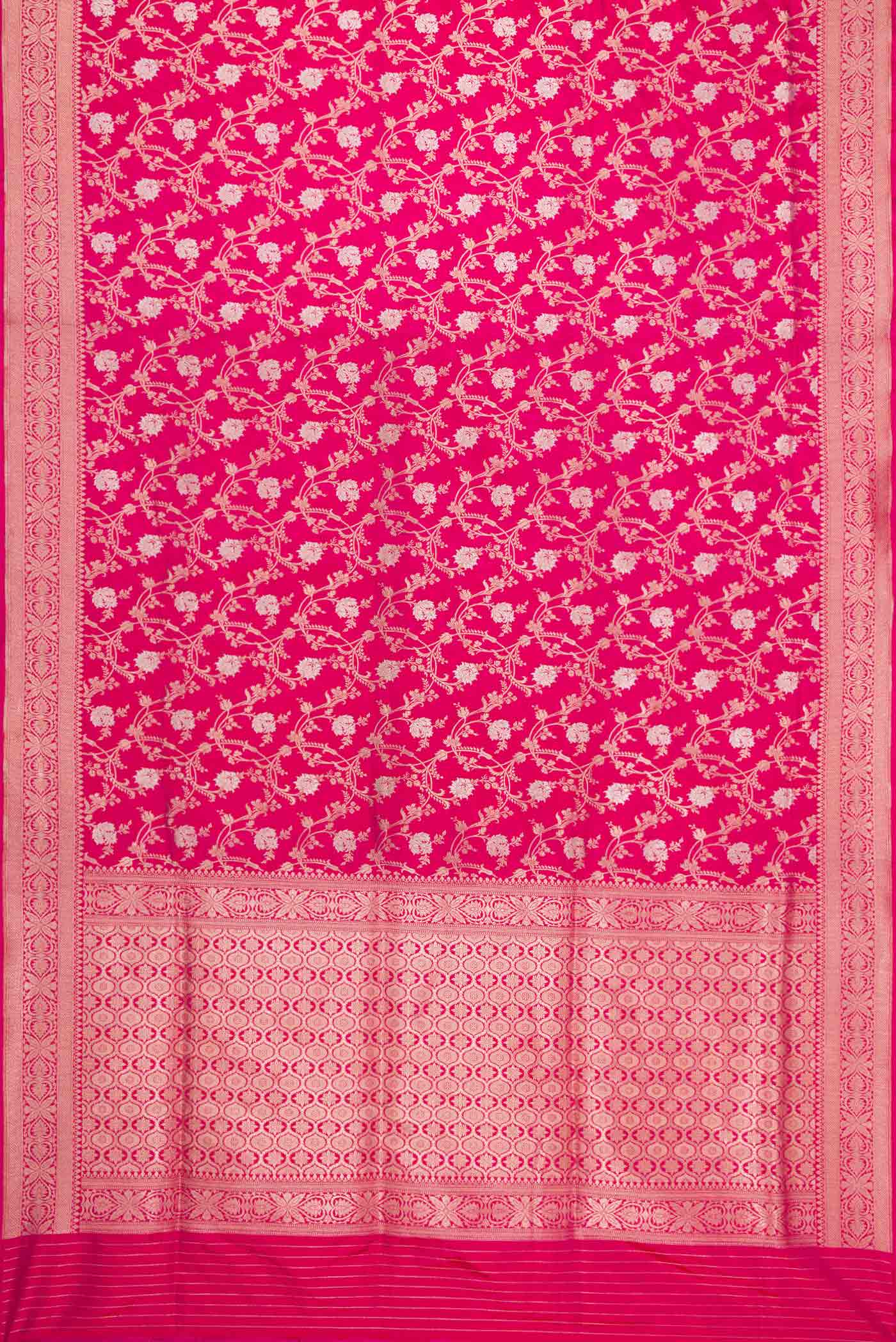 Flat view of Pink Dual Tone Banarasi Silk Saree with Zari Brocade on the body and Zari Border. 