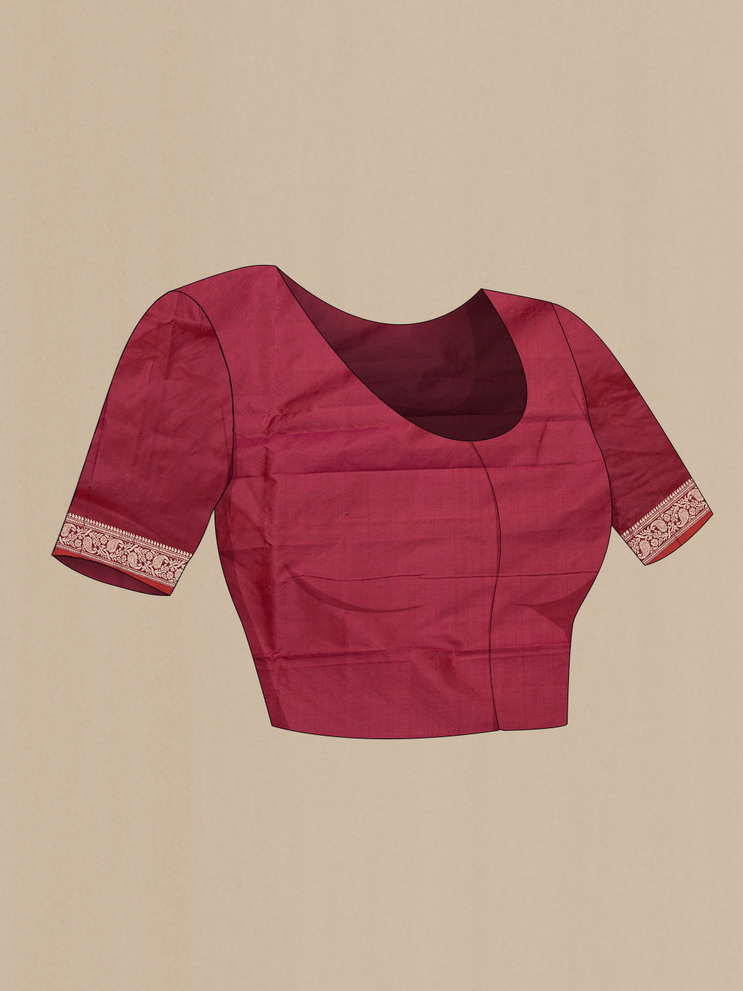Close up image of the blouse of Maroon Dual Tone Banarasi Silk Saree with Zari Butta on the body and Zari Border. 