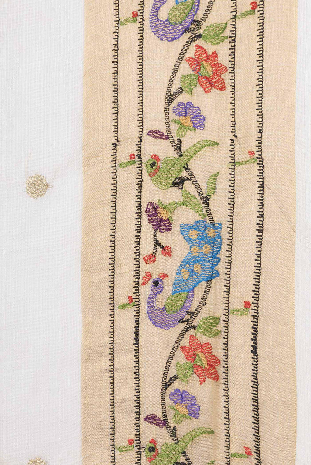 Border image of White Kota Silk Saree with Zari Butta on the body and Embroidery Border