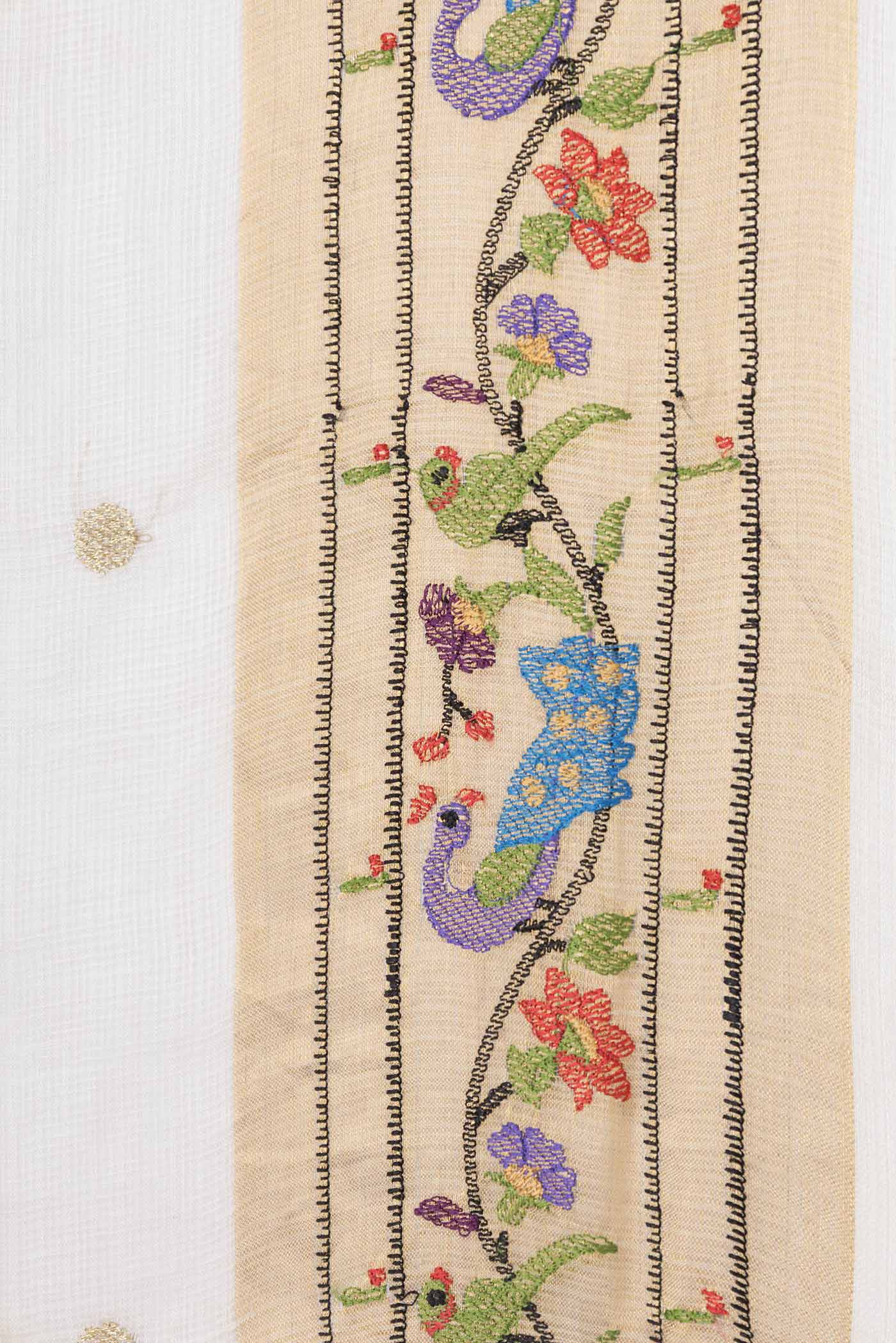 Border image of White Kota Silk Saree with Zari Butta on the body and Embroidery Border