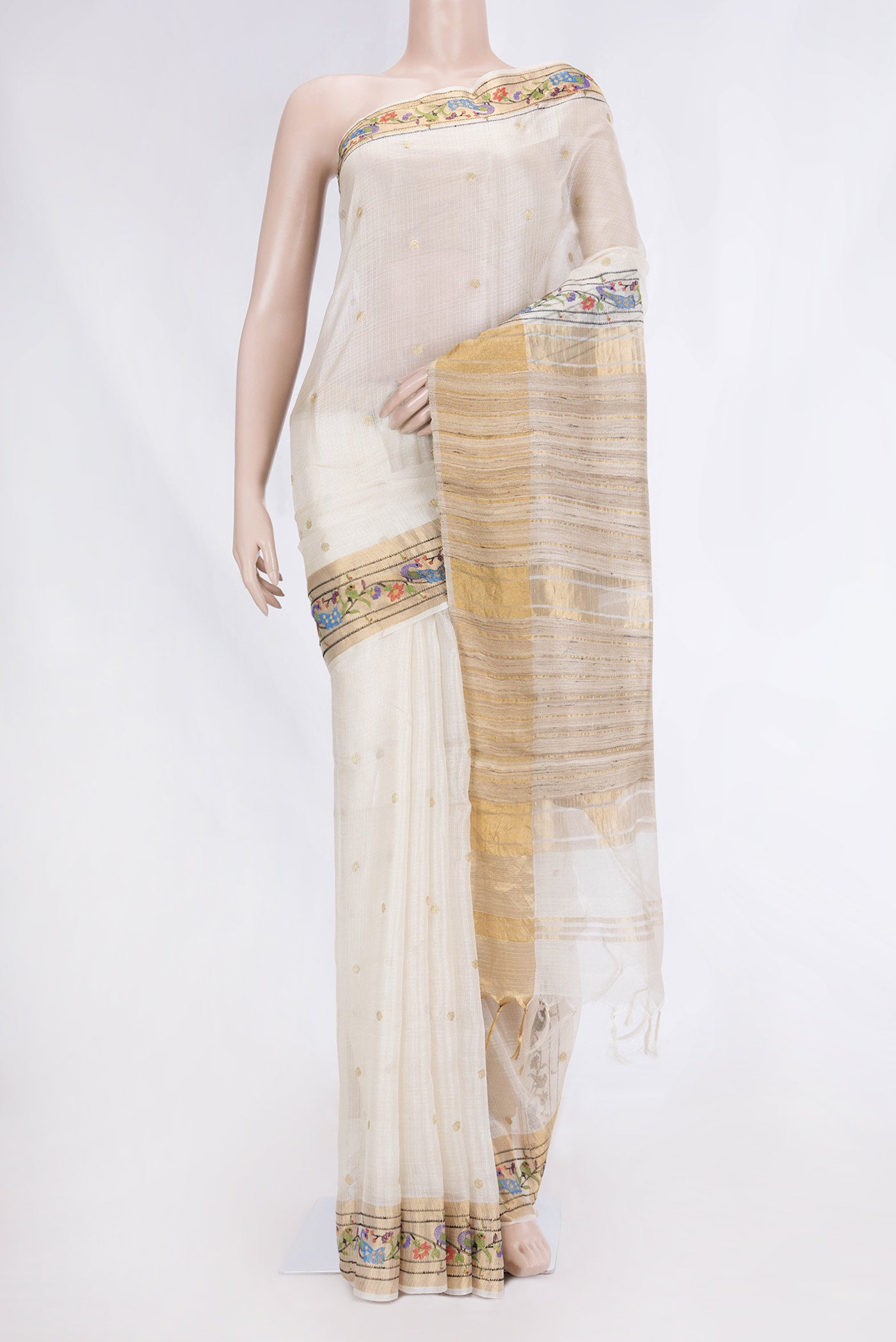 White Kota Silk Saree with Zari Butta on the body and Embroidery Border displayed on a mannequin
