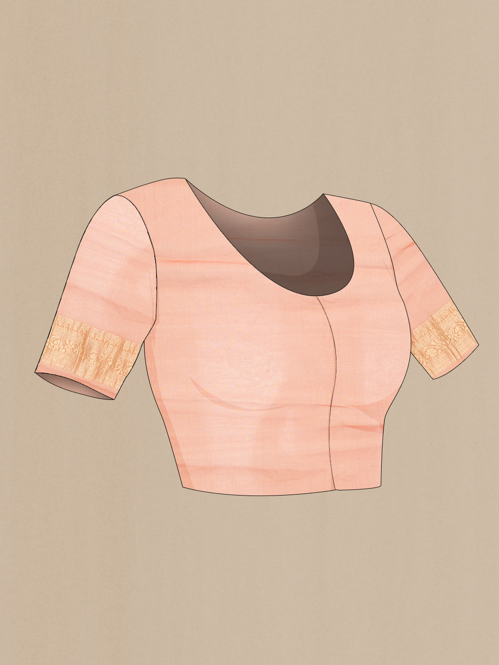 Close up image of the blouse of Golden Peach Dual Tone Banarasi Georgette Saree with Zari Butta on the body and Zari Border. 