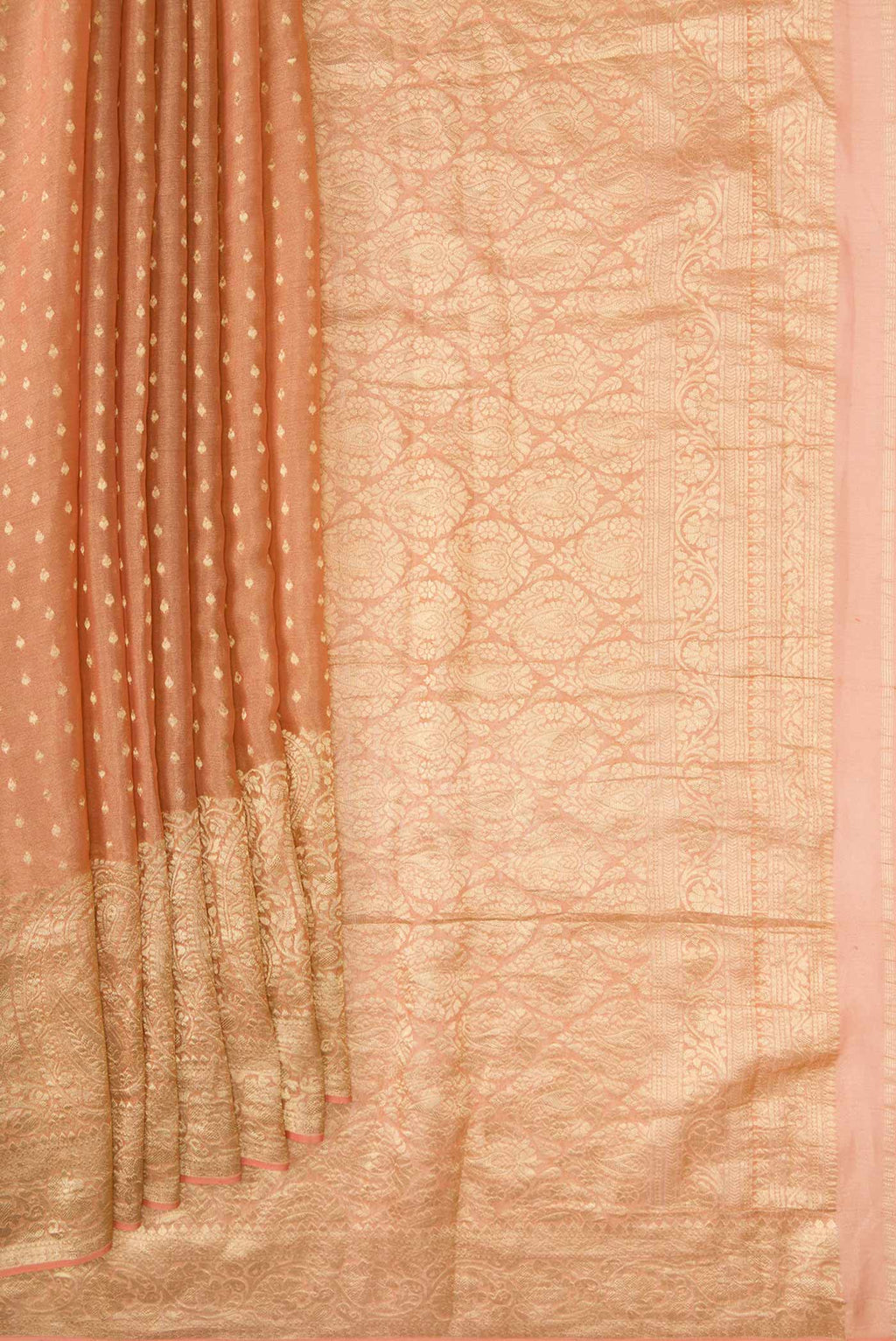 Pleats and pallu of Golden Peach Dual Tone Banarasi Georgette Saree with Zari Butta on the body and Zari Border. 