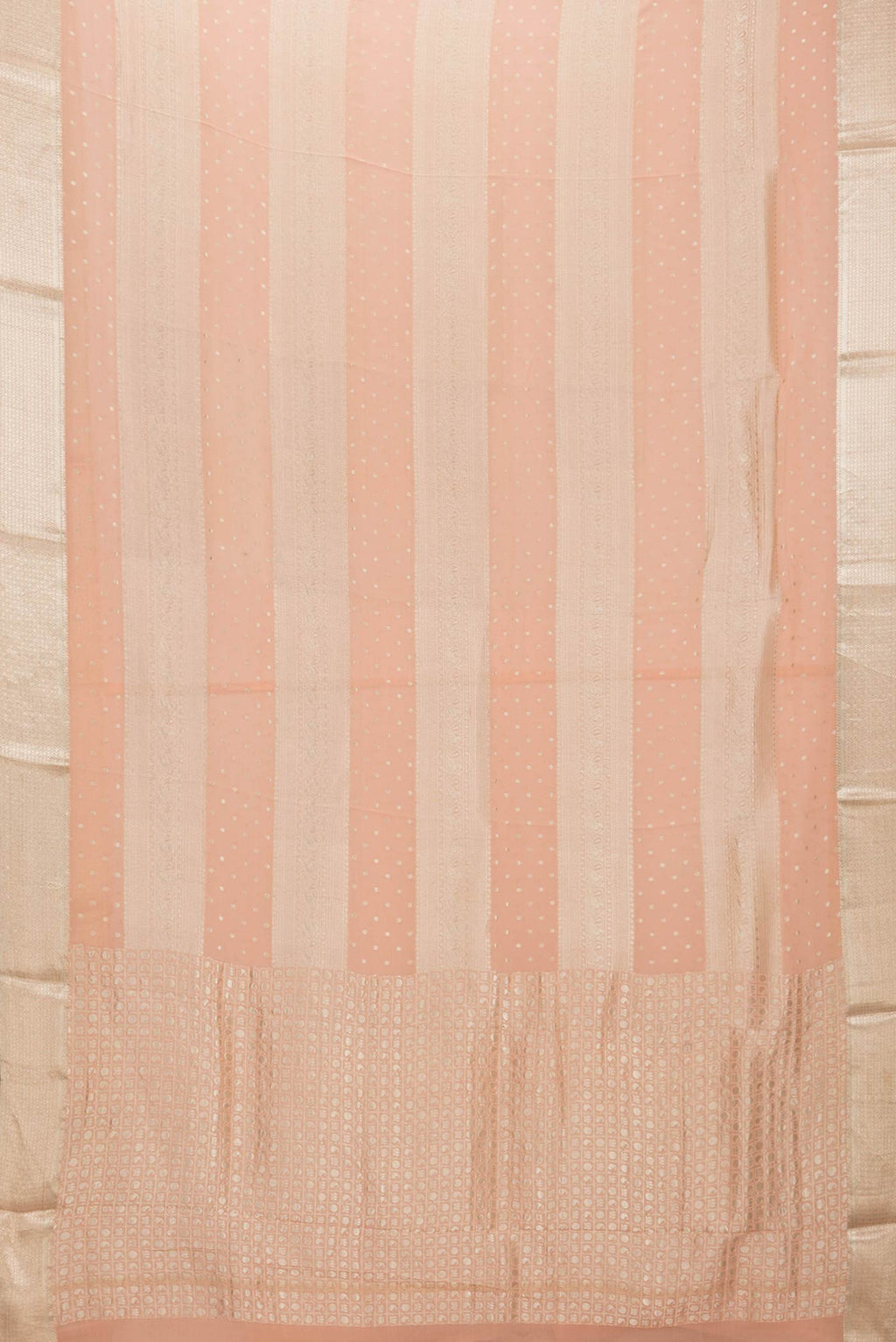 Flat view of Golden Peach Dual Tone Mysore Georgette Saree with Zari Butta on the body and Zari Border