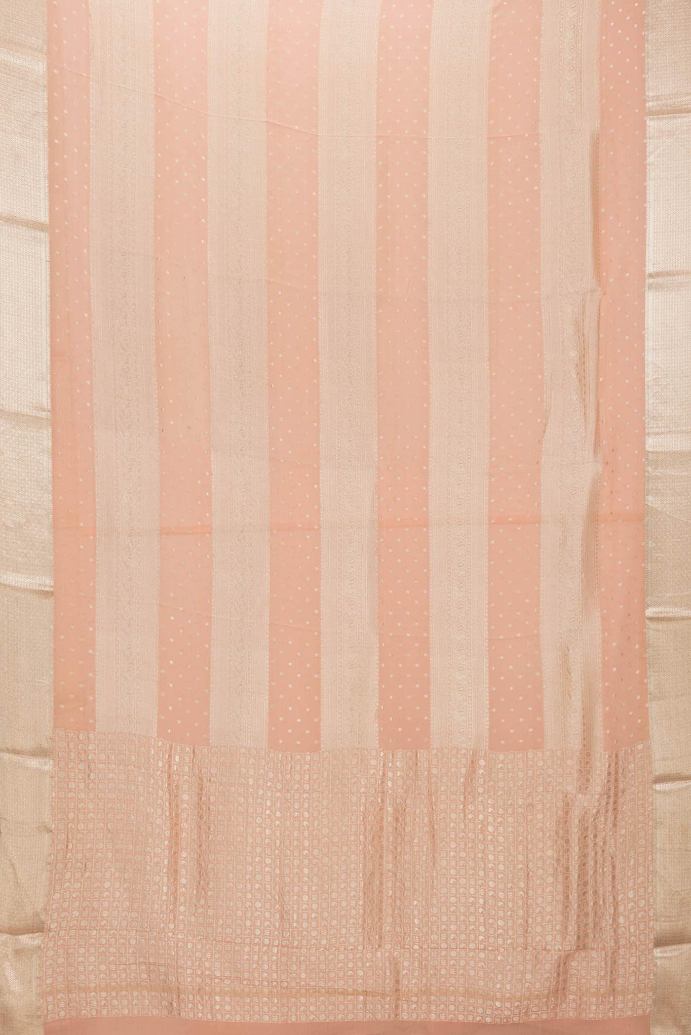 Flat view of Golden Peach Dual Tone Mysore Georgette Saree with Zari Butta on the body and Zari Border