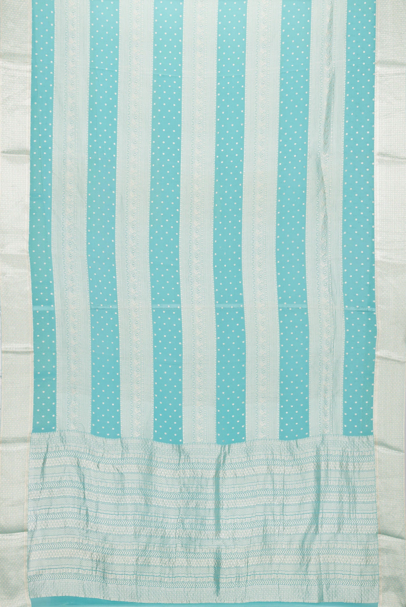 Flat view of Sky Blue Dual Tone Banarasi Georgette Saree with Zari Brocade on the body and Zari Border. 