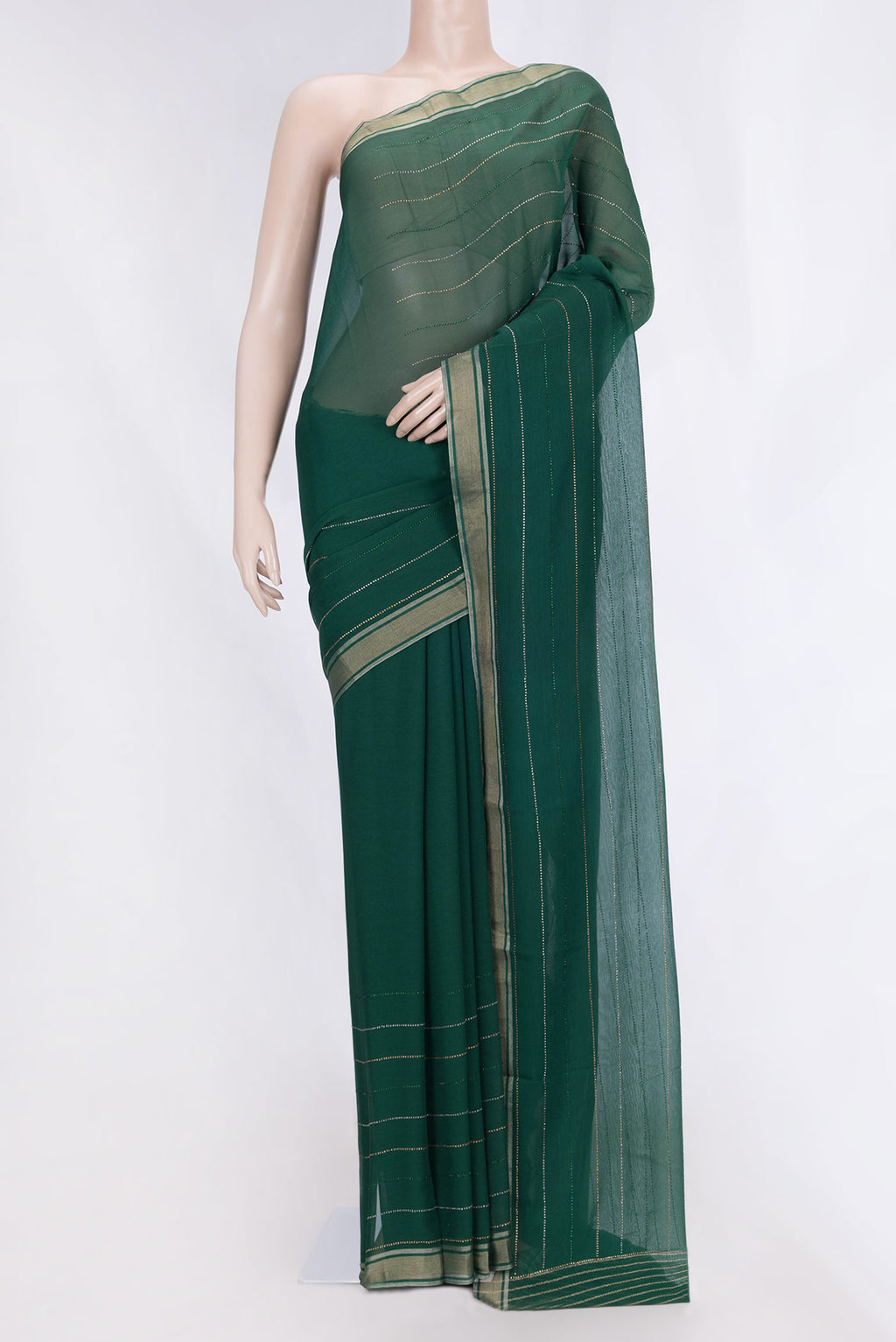 Bottle Green Dual Tone Chiffon Saree with Embroidery on the body and Zari Border displayed on a mannequin