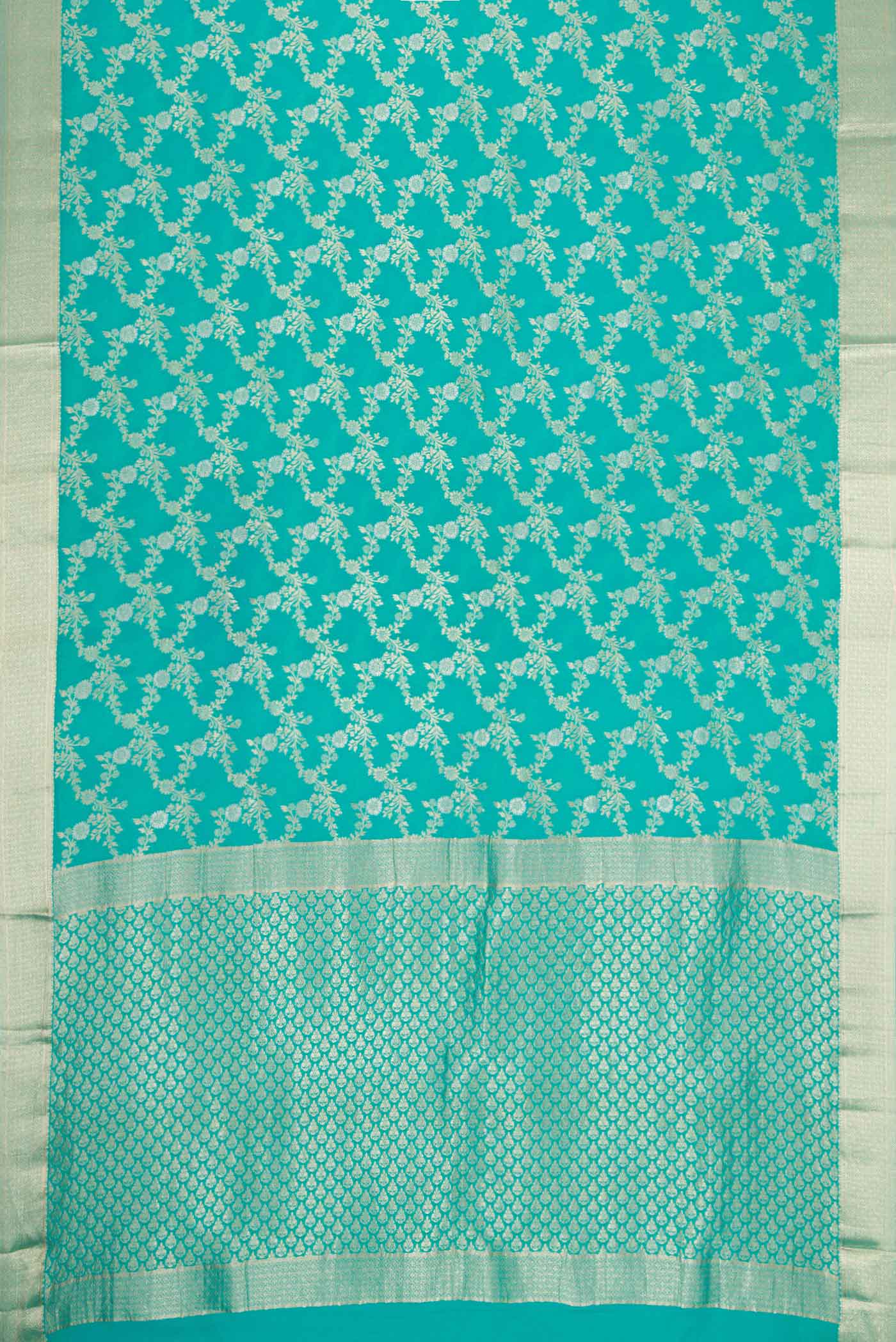 Flat view of Sky Blue Dual Tone Banarasi Georgette Saree with Zari Brocade on the body and Zari Border. 