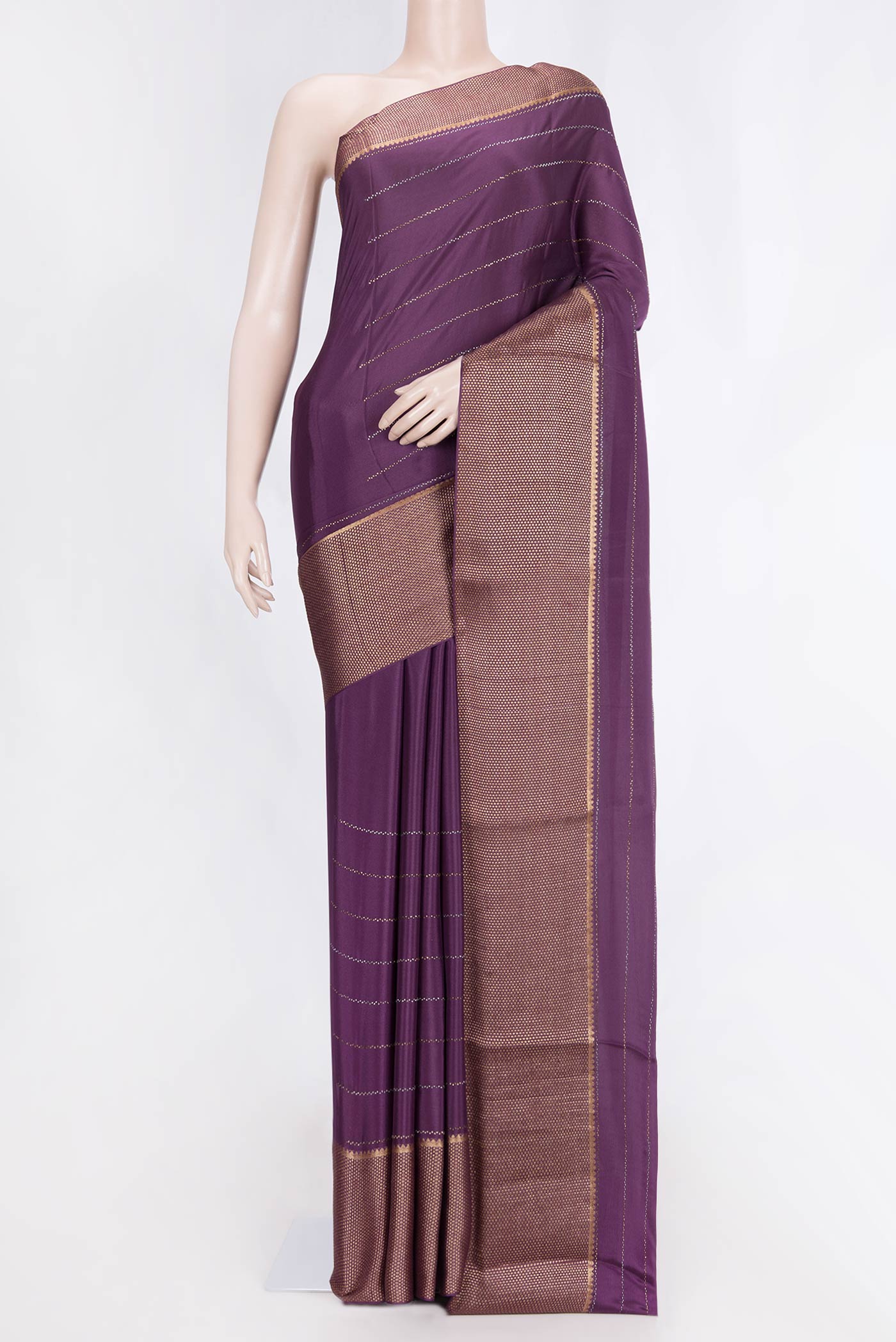 Burgundy Dual Tone Mysore Crepe Saree with Embroidery on the body and Zari Border displayed on a mannequin