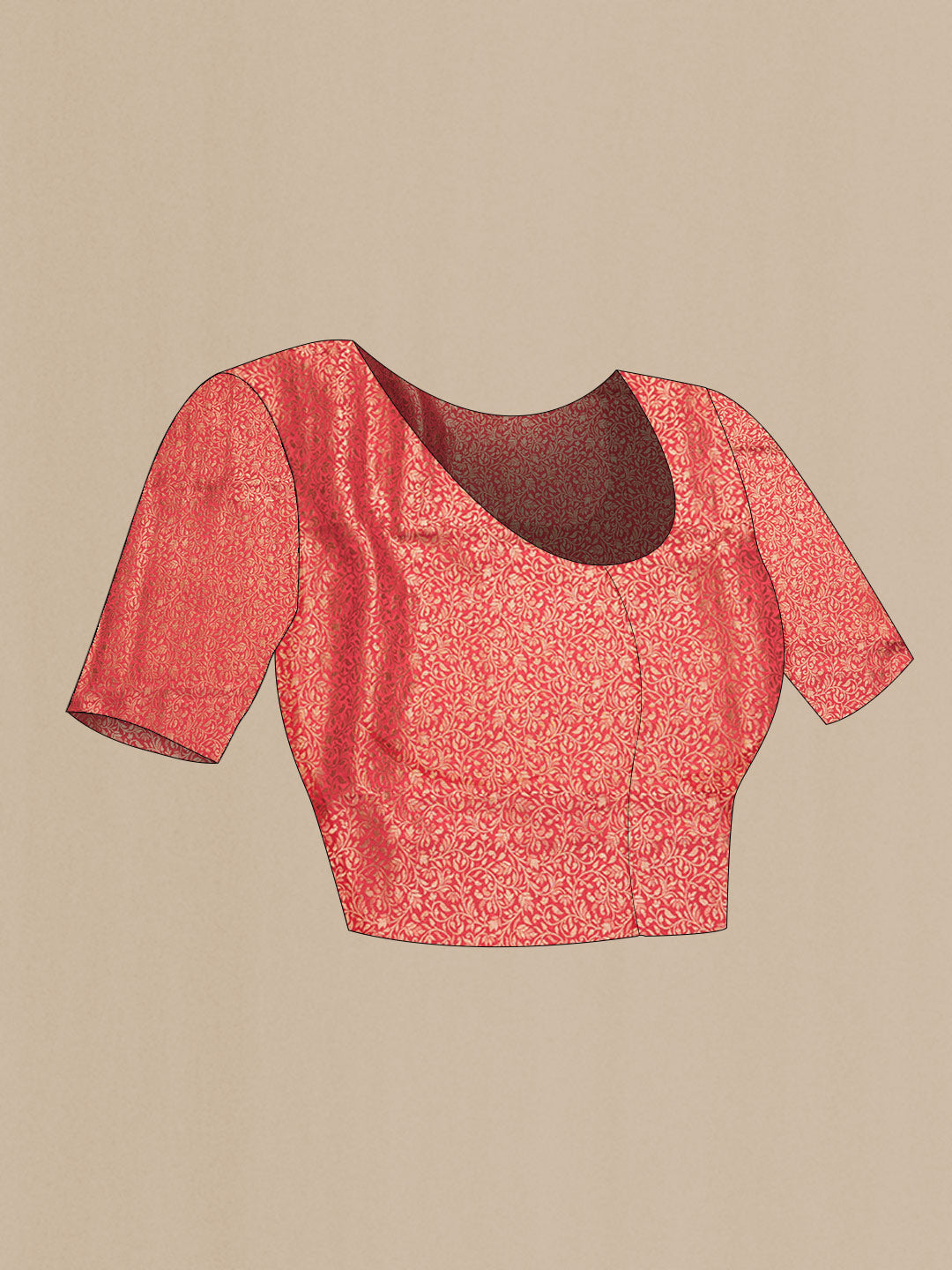 Close up image of the blouse of Red Dual Tone Mysore Crepe Saree with Embroidery on the body and Zari Border