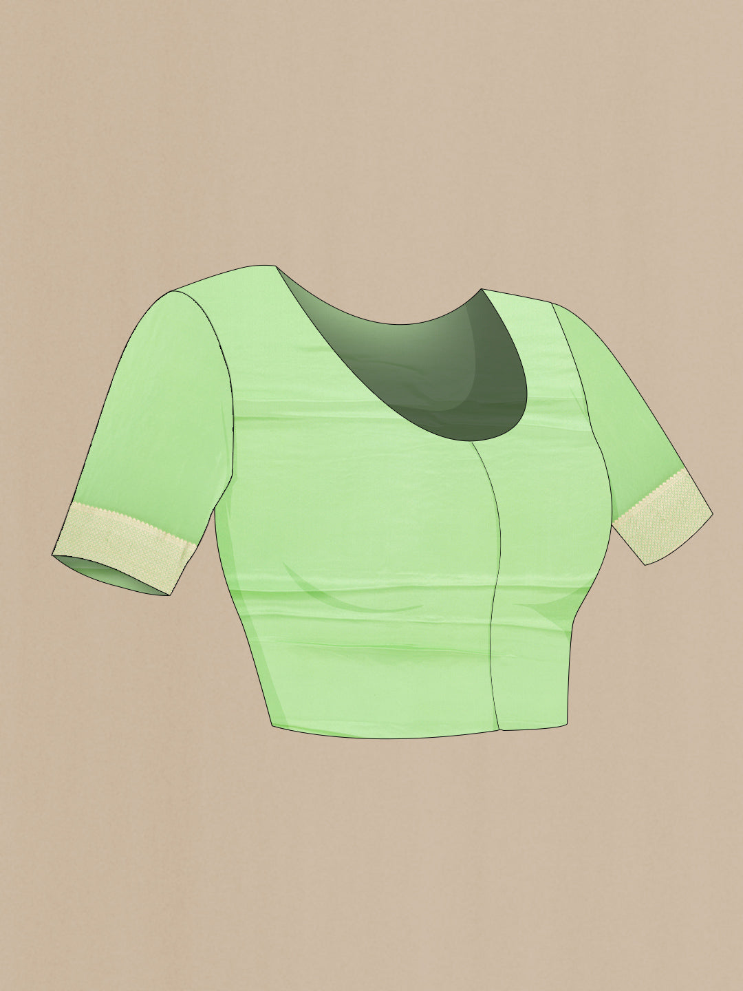 Close up image of the blouse of Pista Green Dual Tone Banarasi Georgette Saree with Zari Brocade on the body and Zari Border. 