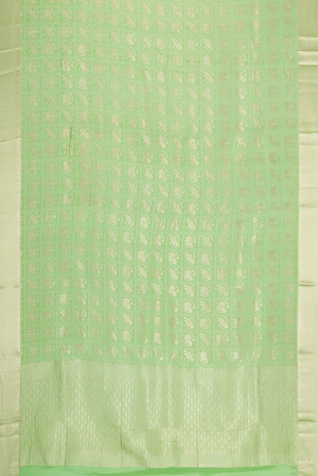Flat view of Pista Green Dual Tone Banarasi Georgette Saree with Zari Brocade on the body and Zari Border. 