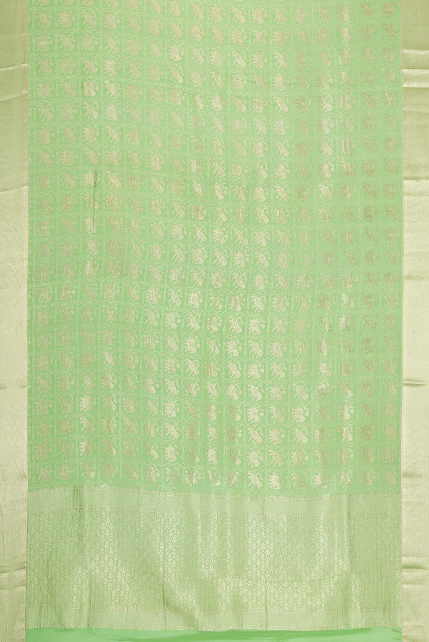 Flat view of Pista Green Dual Tone Banarasi Georgette Saree with Zari Brocade on the body and Zari Border. 