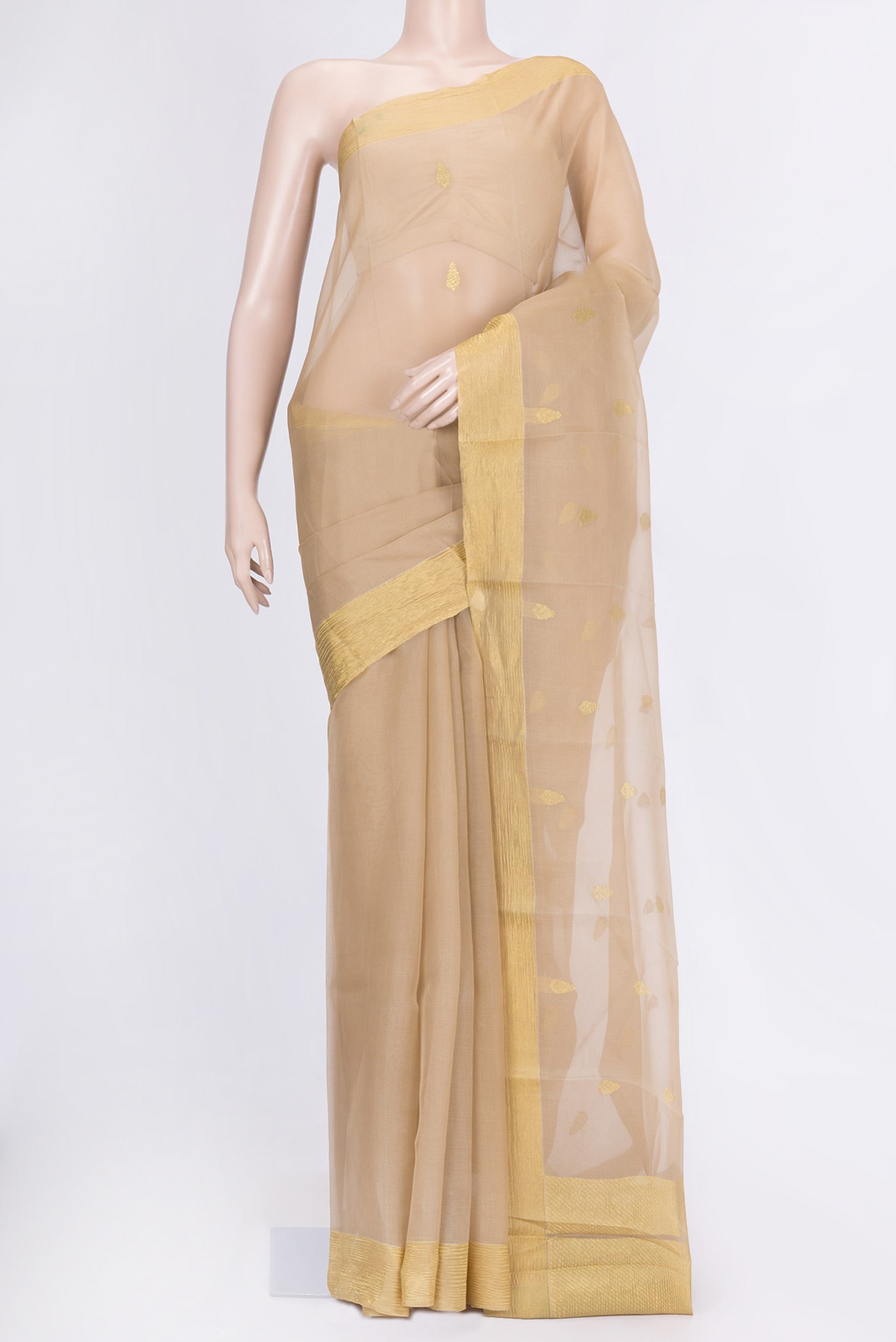 Peach Dual Tone Organza Silk Saree with Zari Butta on the body and Zari Border.  displayed on a mannequin