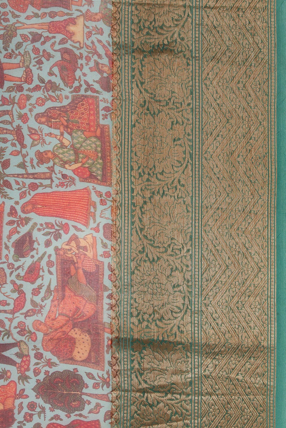 Border image of Light Green Dual Tone Organza Silk Saree with Printed design on the body and Zari Border. 
