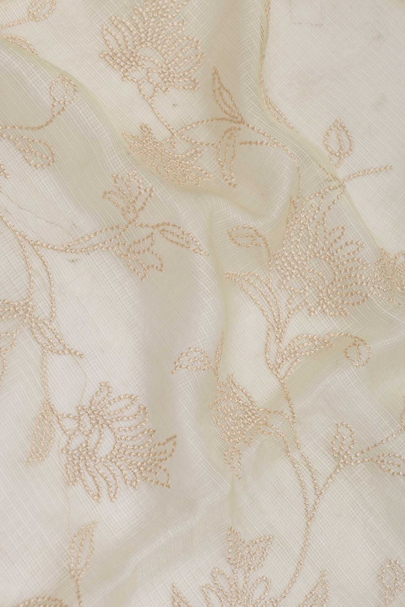 Close up of Yellow Dual Tone Kota Silk Saree with Embroidery on the body and Embroidery Border displaying folds