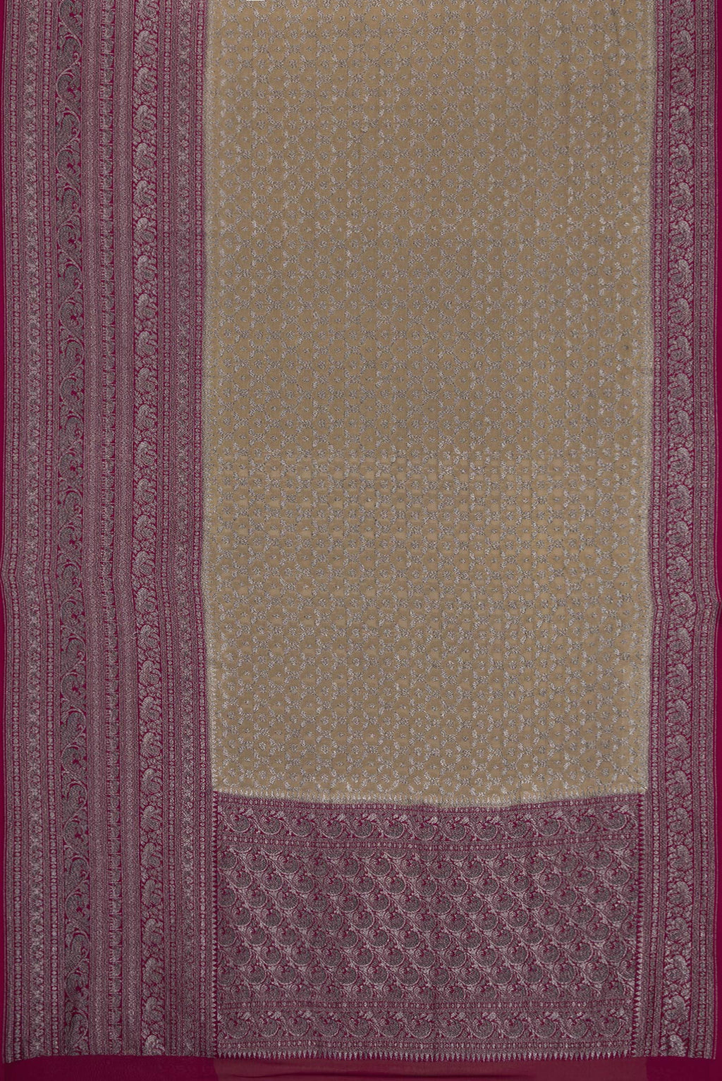 Flat view of Rani Pink Double Ikat Saree with Ikat Print on the body and Ikat Border. 