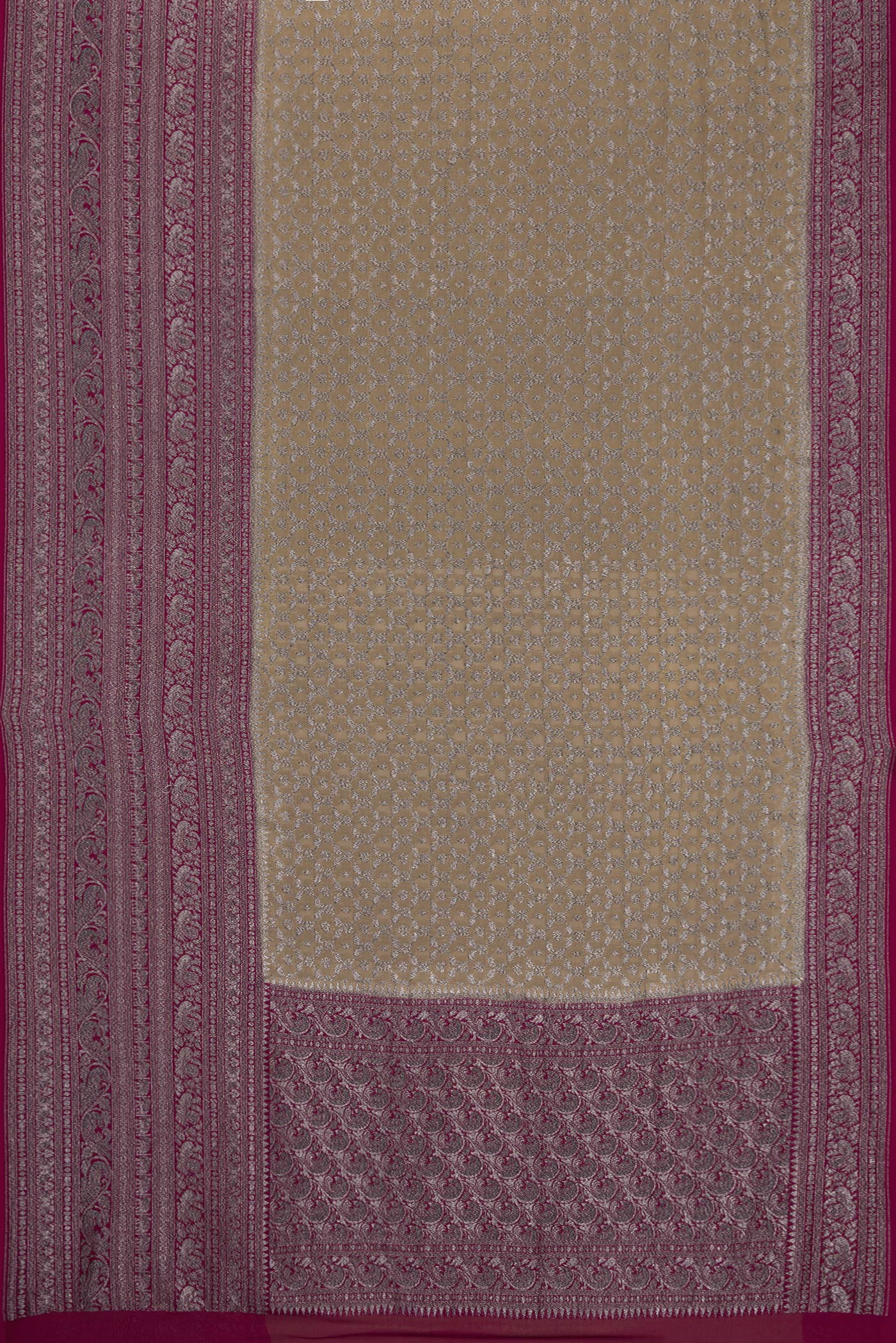Flat view of Rani Pink Double Ikat Saree with Ikat Print on the body and Ikat Border. 