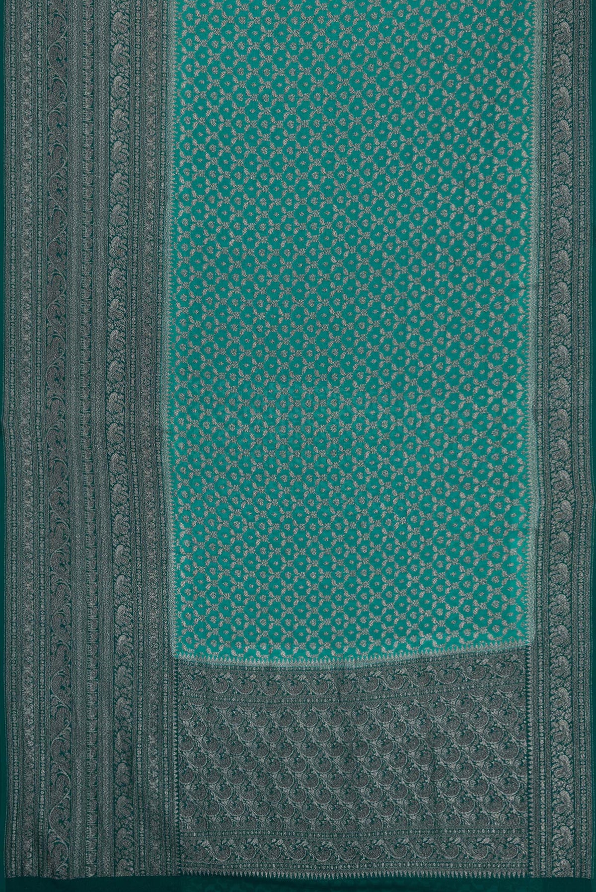 Flat view of Green Dual Tone Mysore Georgette Saree with Zari Brocade on the body and Zari Border. 