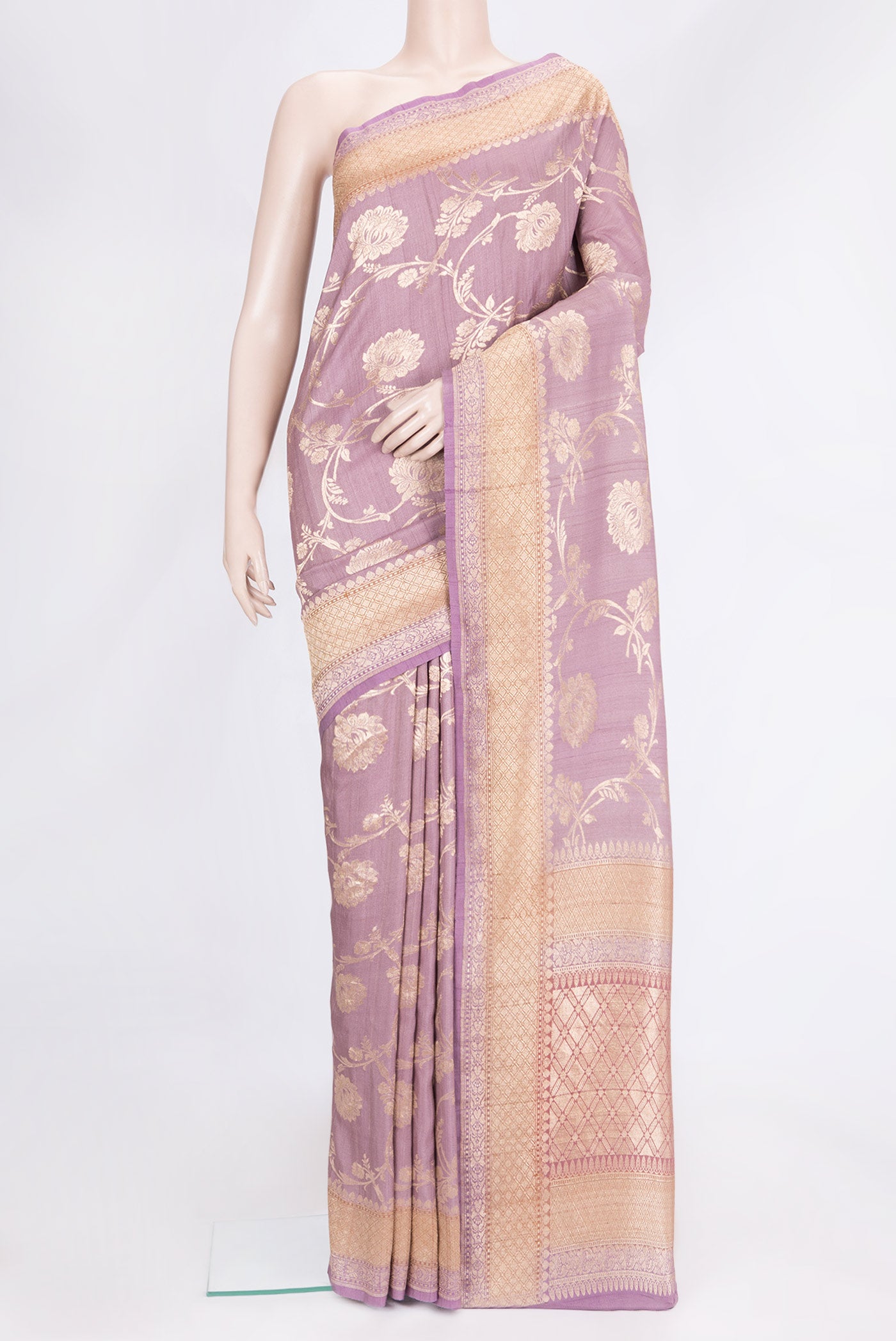 Pink Dual Tone Tussar Silk Saree with Zari Brocade on the body and Zari Border.  displayed on a mannequin