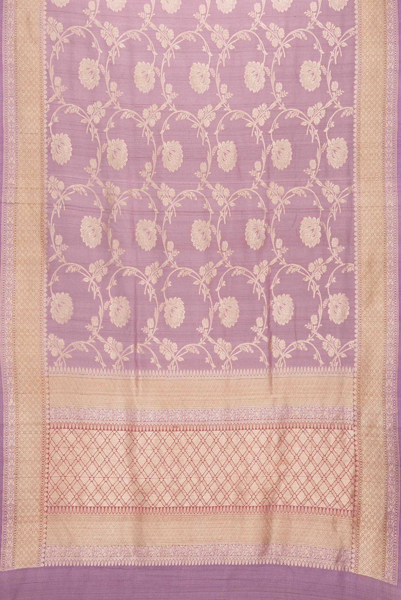Flat view of Pink Dual Tone Tussar Silk Saree with Zari Brocade on the body and Zari Border. 