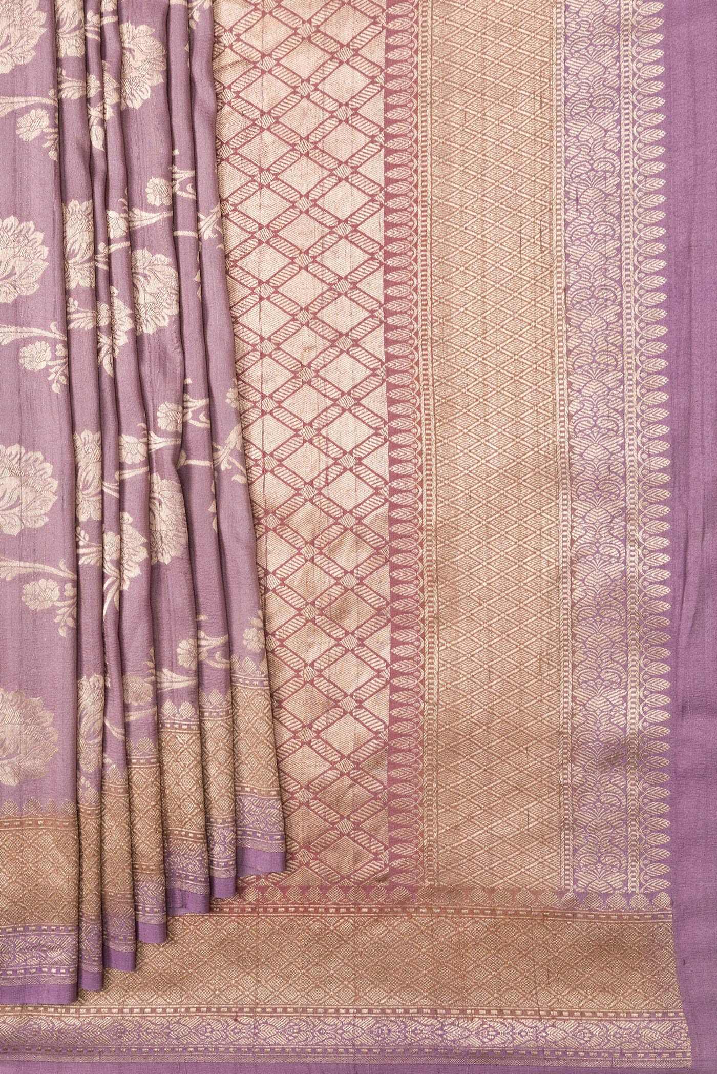 Pleats and pallu of Pink Dual Tone Tussar Silk Saree with Zari Brocade on the body and Zari Border. 