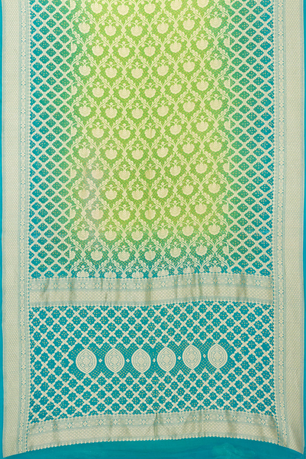Flat view of Parrot Green Banarasi Georgette Saree with Zari Brocade on the body and Zari Border. 