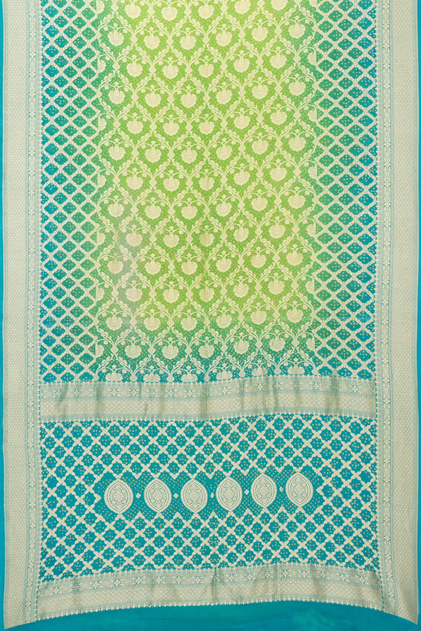 Flat view of Parrot Green Banarasi Georgette Saree with Zari Brocade on the body and Zari Border. 