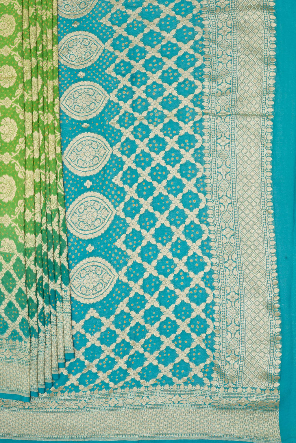 Pleats and pallu of Parrot Green Banarasi Georgette Saree with Zari Brocade on the body and Zari Border. 