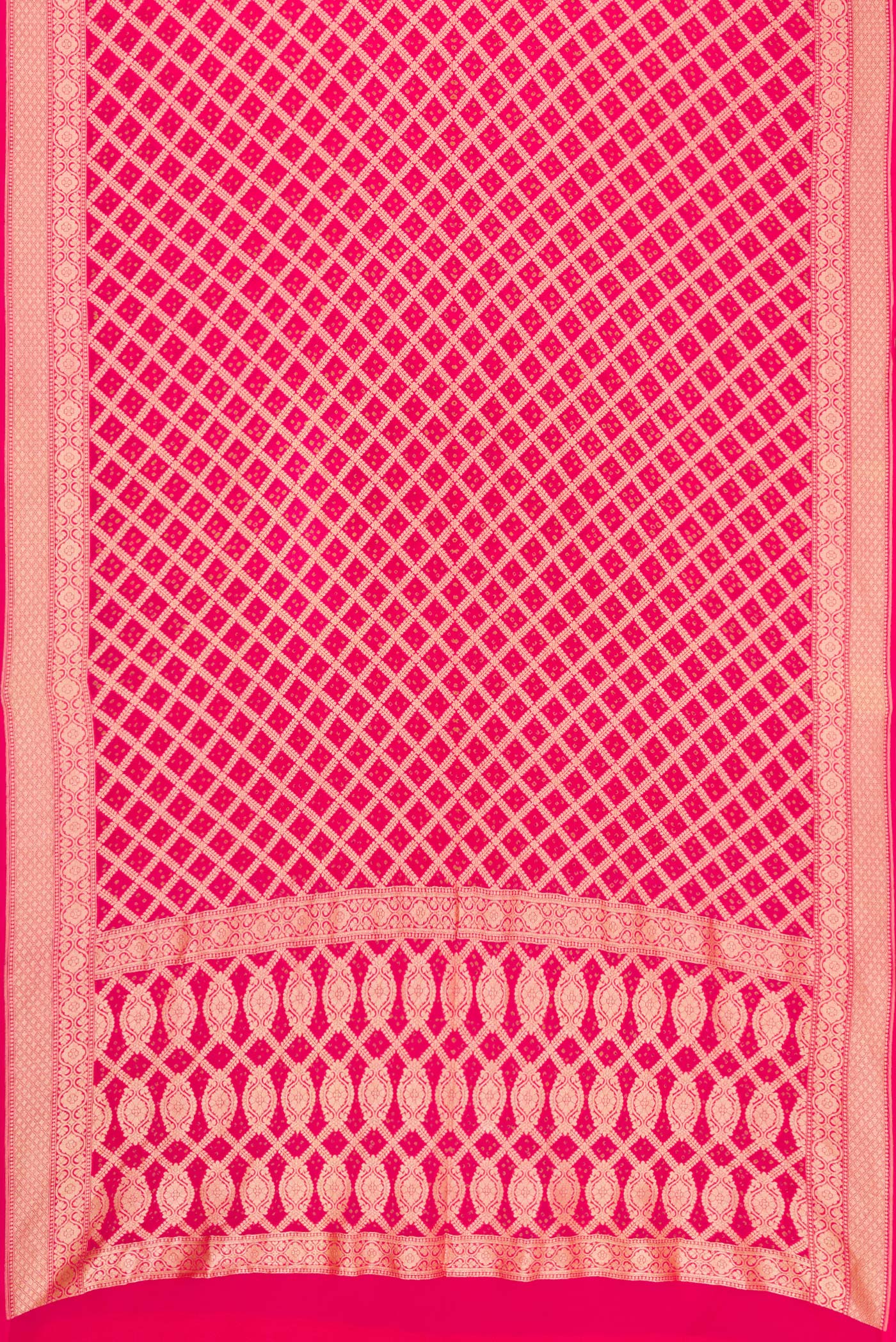 Flat view of Pink Dual Tone Banarasi Georgette Saree with Zari Brocade on the body and Zari Border. 