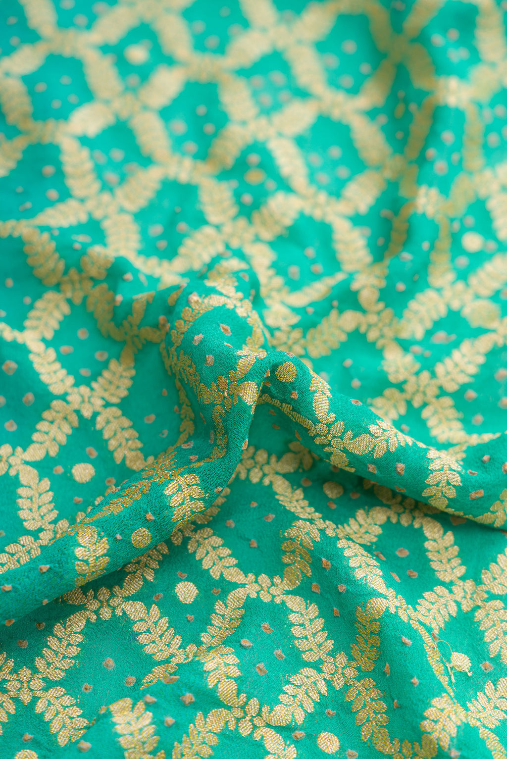 Close up of Sea Green Dual Tone Banarasi Georgette Saree with Zari Brocade on the body and Zari Border.  displaying folds
