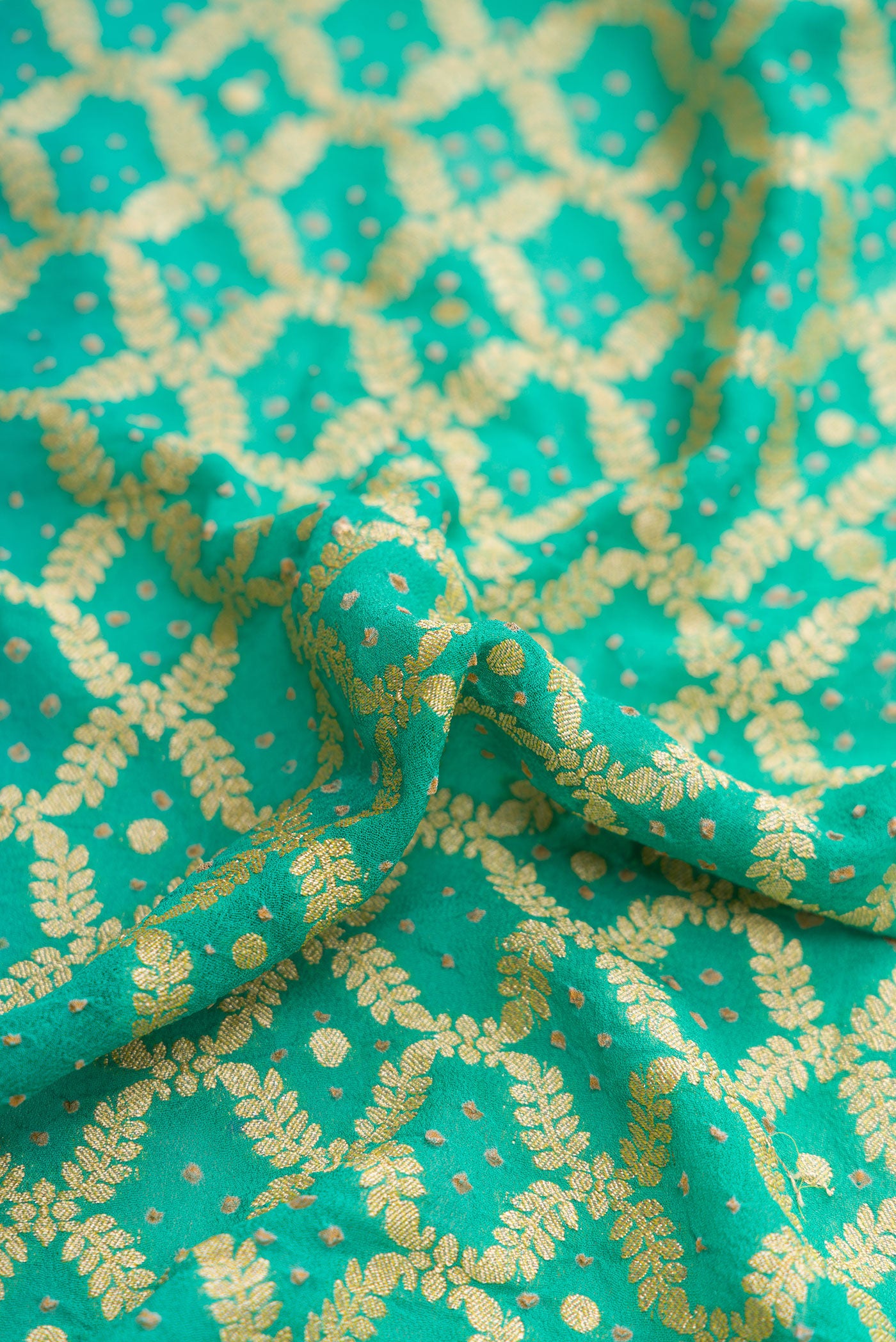 Close up of Sea Green Dual Tone Banarasi Georgette Saree with Zari Brocade on the body and Zari Border.  displaying folds