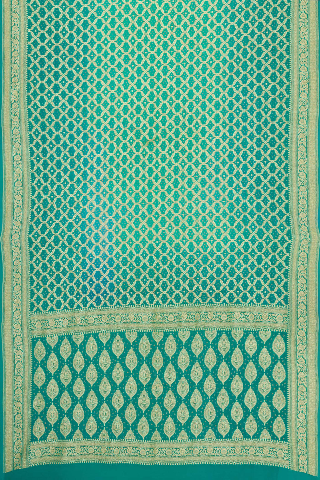 Flat view of Sea Green Dual Tone Banarasi Georgette Saree with Zari Brocade on the body and Zari Border. 