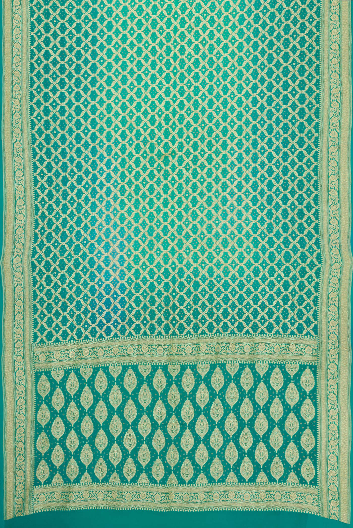 Flat view of Sea Green Dual Tone Banarasi Georgette Saree with Zari Brocade on the body and Zari Border. 
