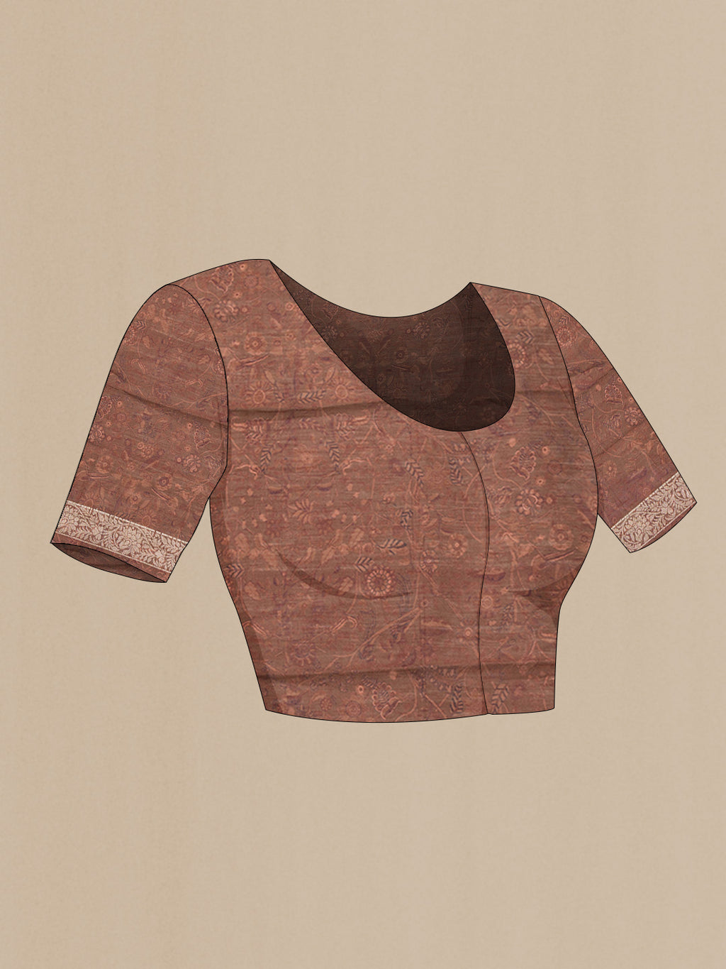 Close up image of the blouse of Brown Dual Tone Tussar Silk Saree with Printed design on the body and Zari Border. 