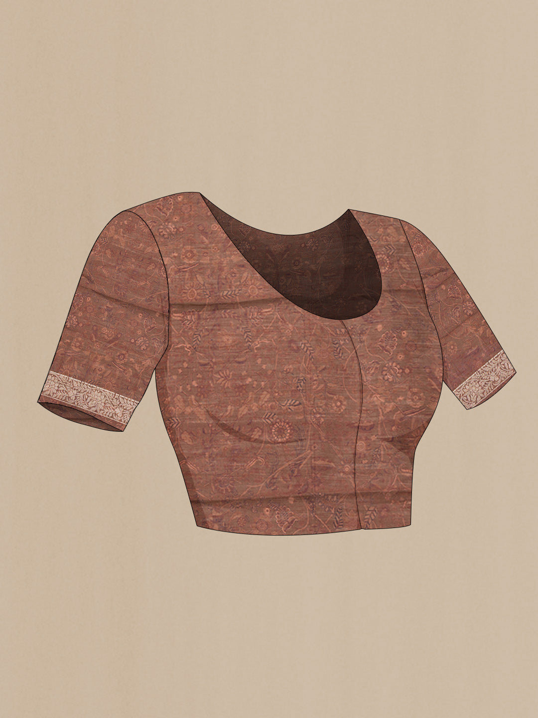 Close up image of the blouse of Brown Dual Tone Tussar Silk Saree with Printed design on the body and Zari Border. 